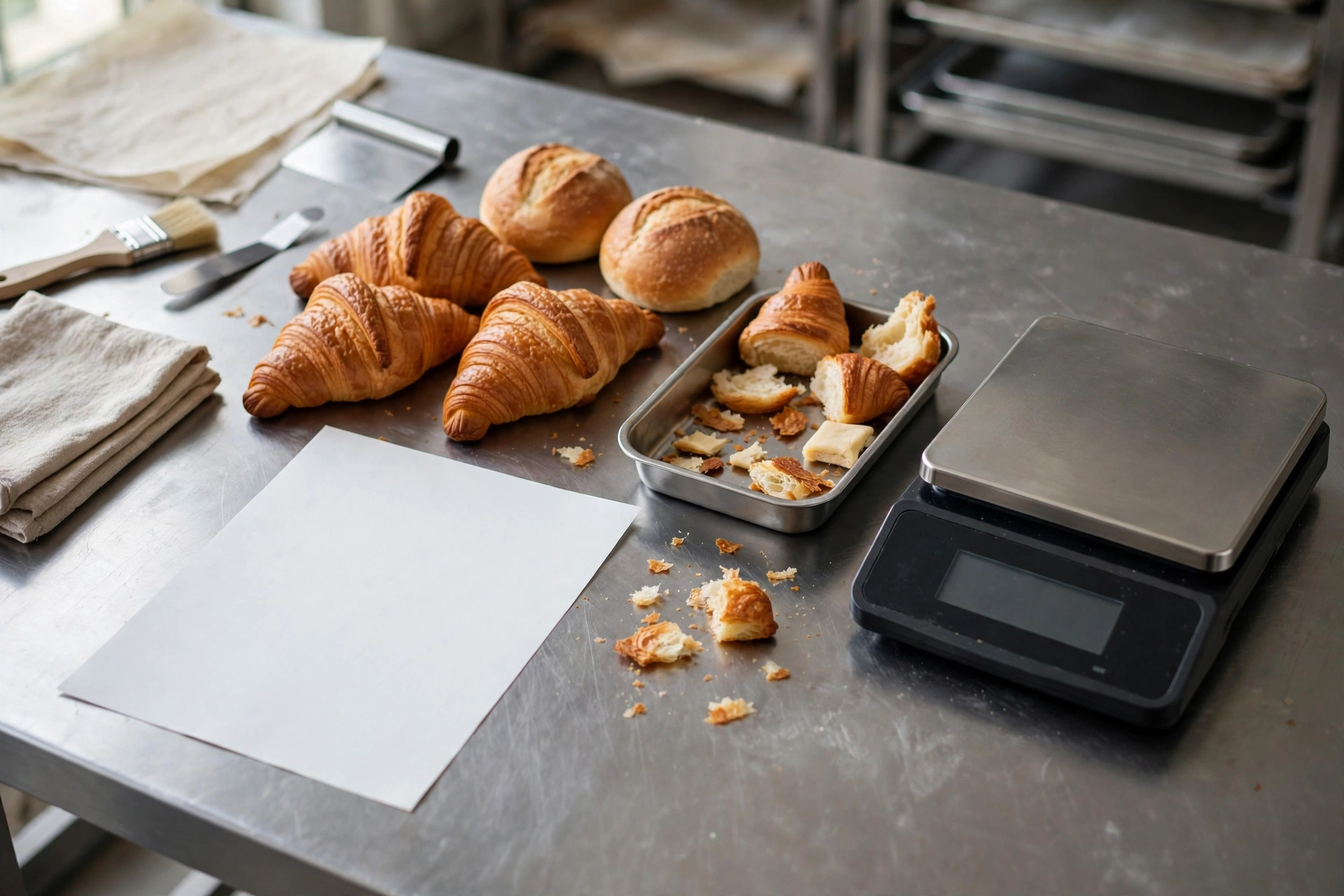 Commercial bakery yield and waste control setup with scale and finished products