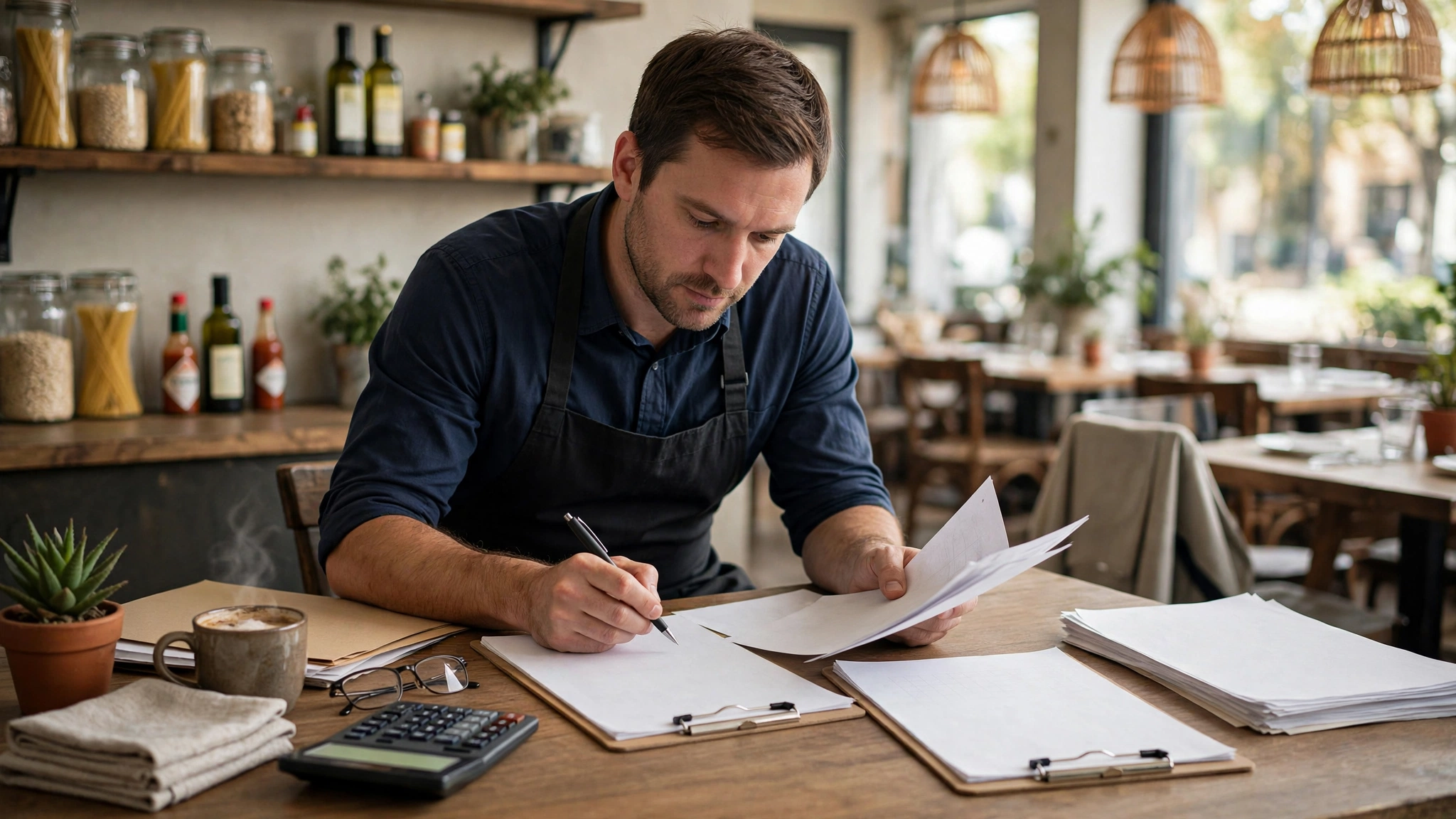 Restaurant owner reviewing prime cost reports