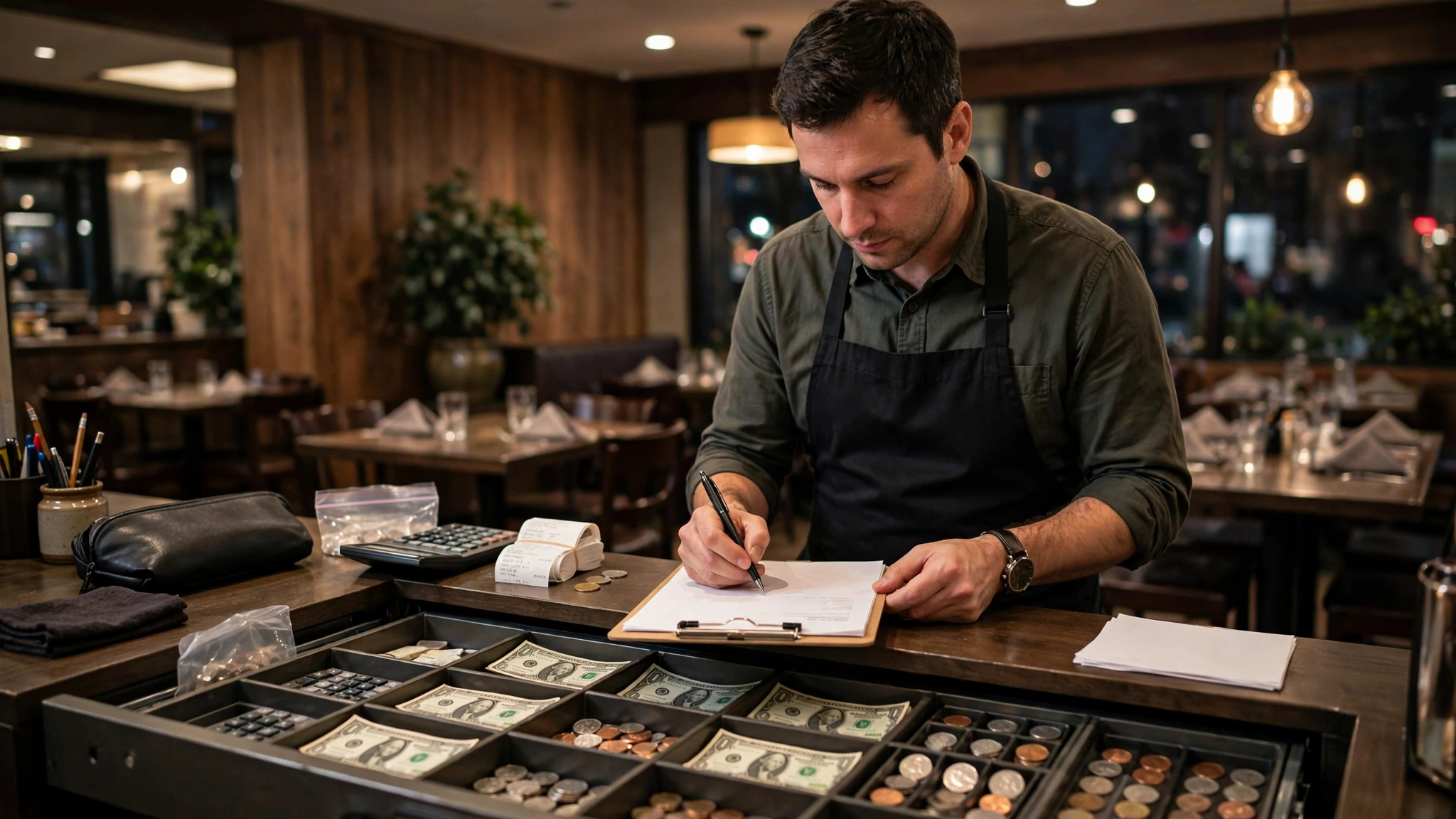 Restaurant cash control and end-of-day reconciliation