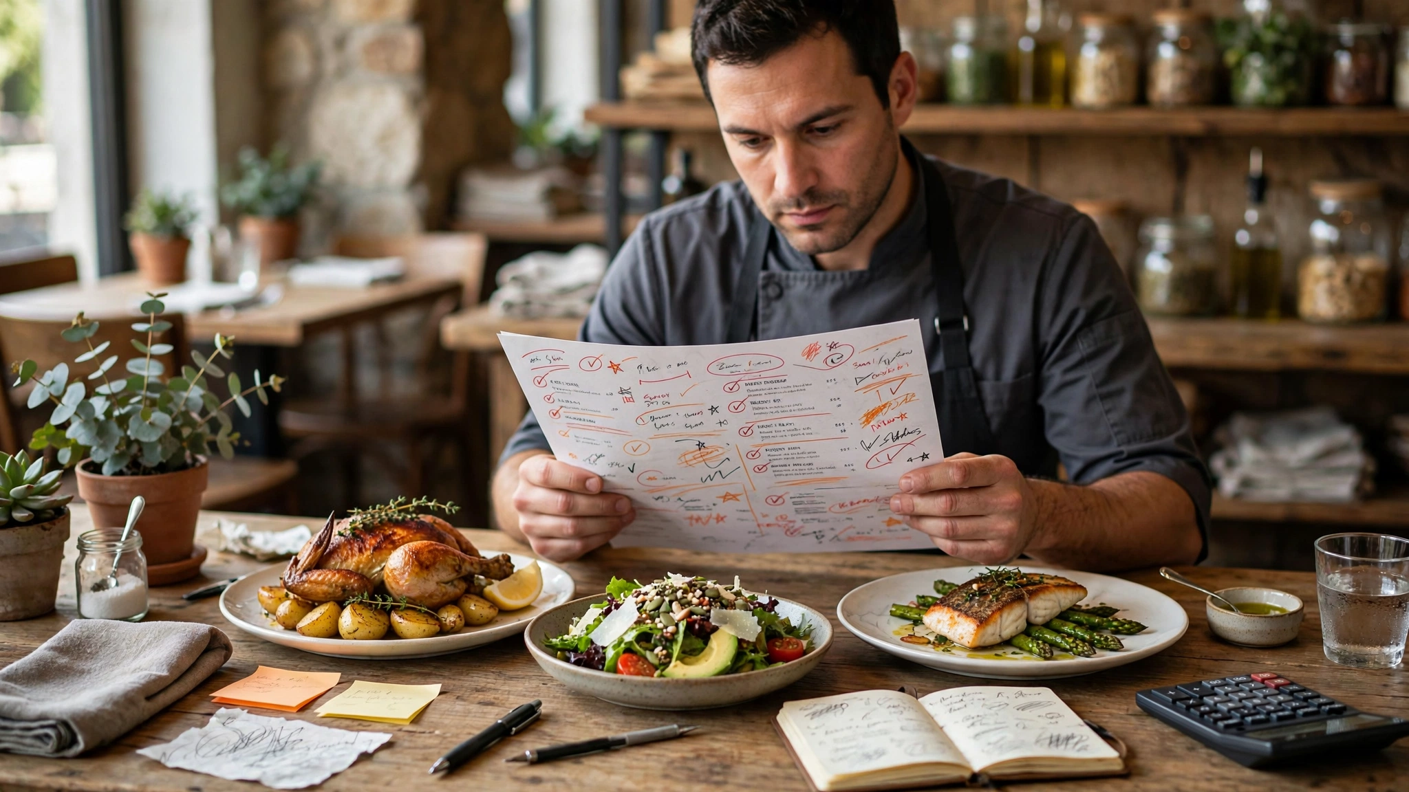 Restaurant manager reviewing menu engineering and profitability