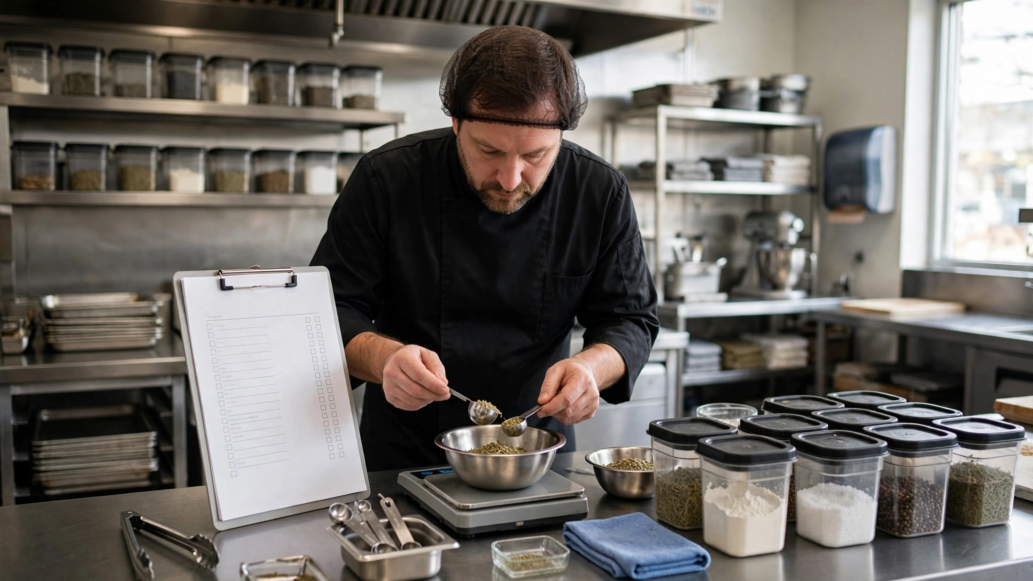 Chef following a standardized restaurant recipe