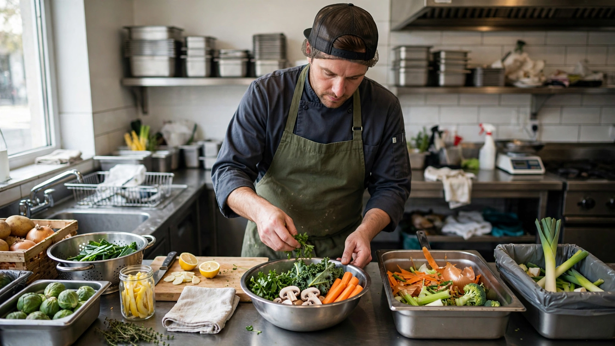 Kitchen team reducing restaurant food waste