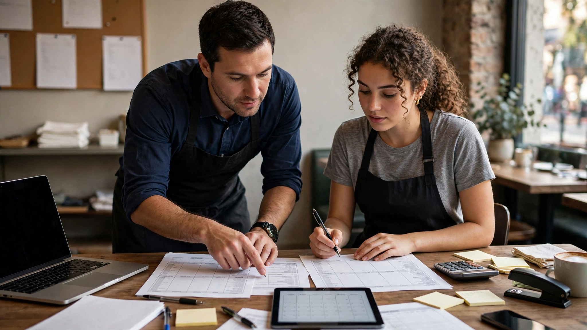 Restaurant manager reviewing labor cost and staff scheduling