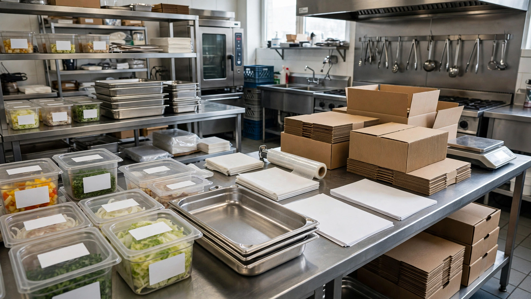 Catering production planning setup in a commercial kitchen