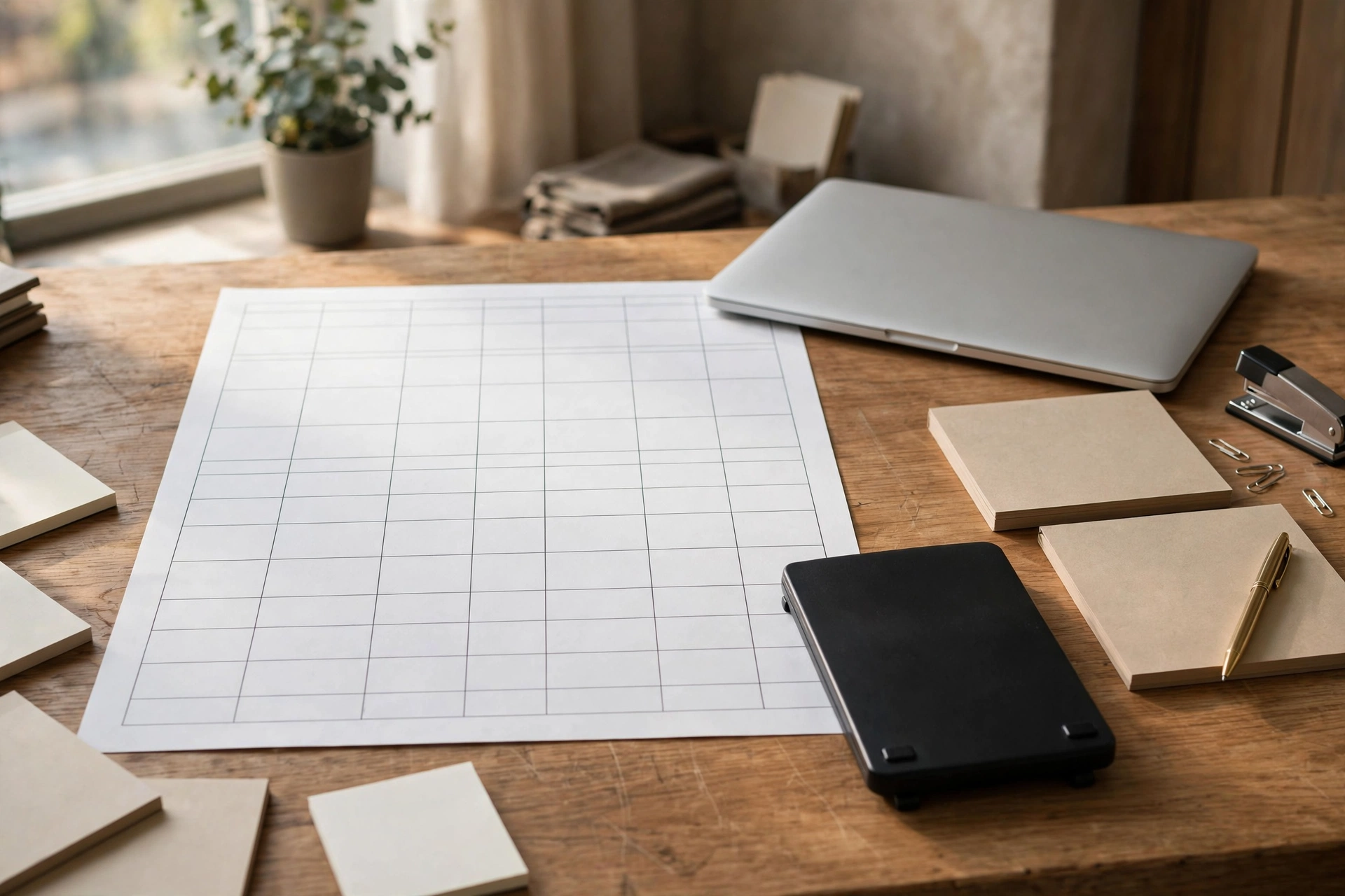 Restaurant labor scheduling workspace with shift planning documents and calculator