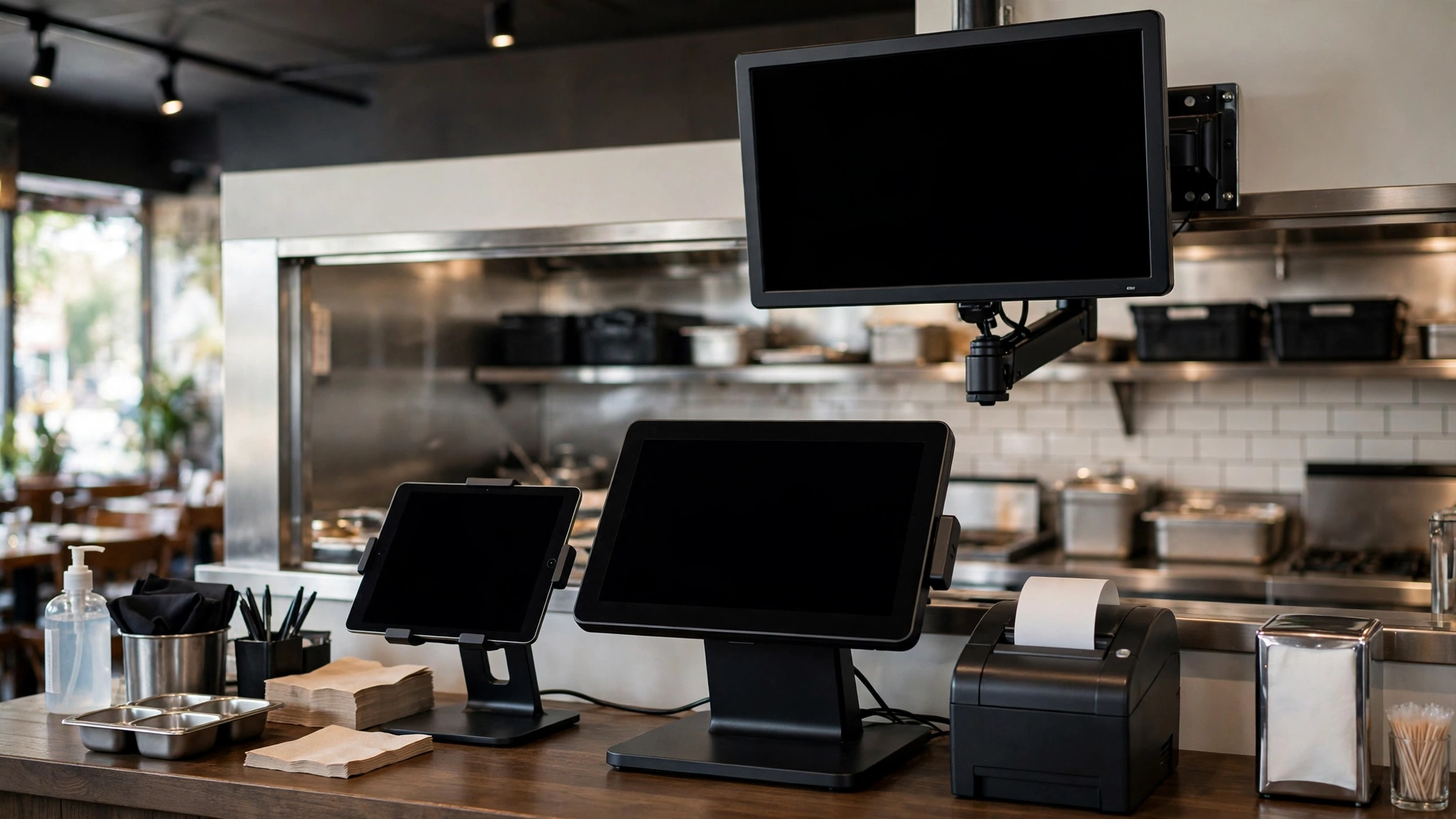 Restaurant POS and operations technology setup at a service counter