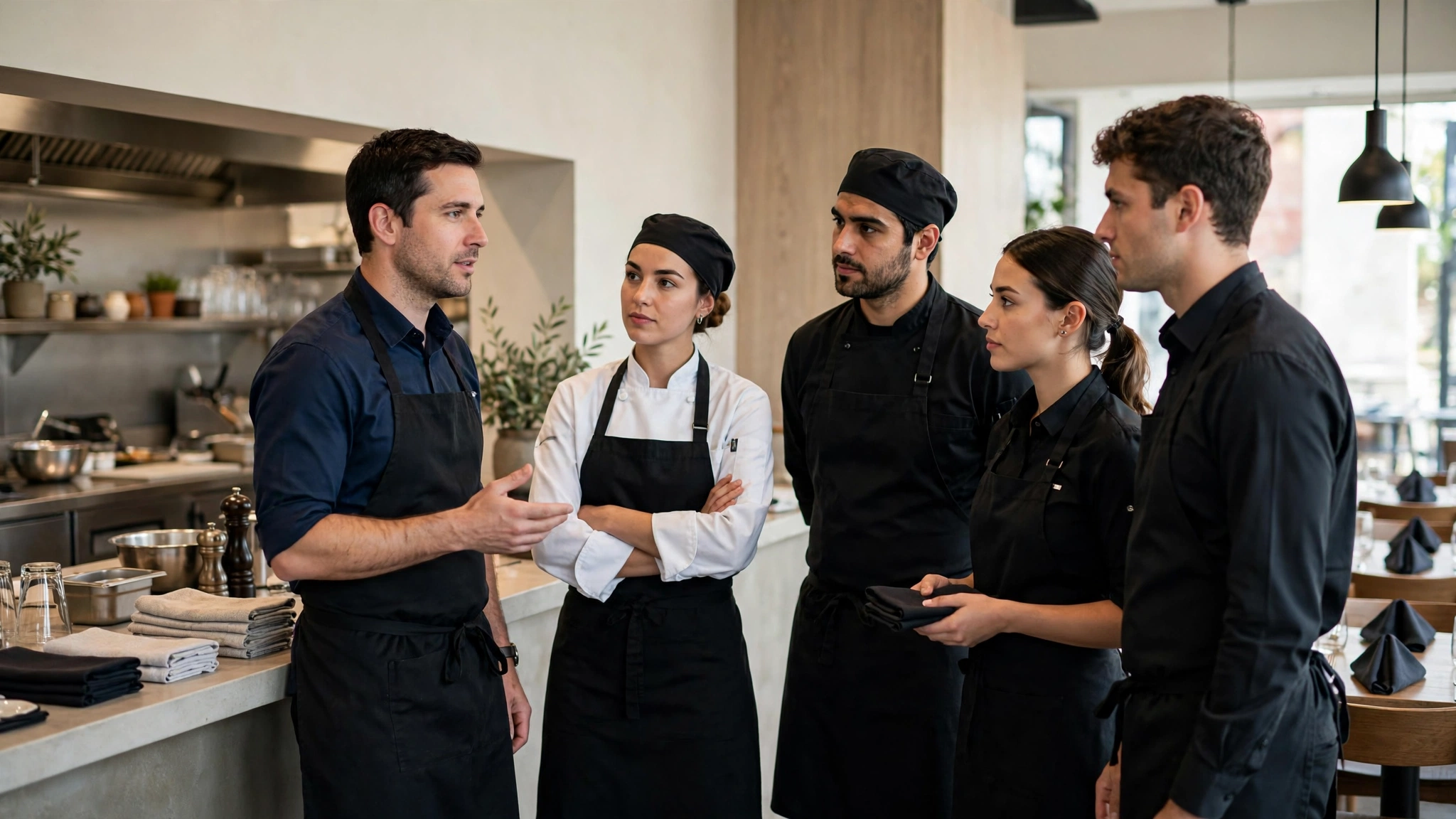 Restaurant manager conducting a pre-shift team briefing before service