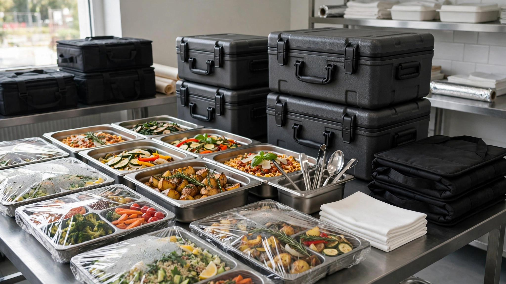 Professional restaurant catering setup prepared for transport and service