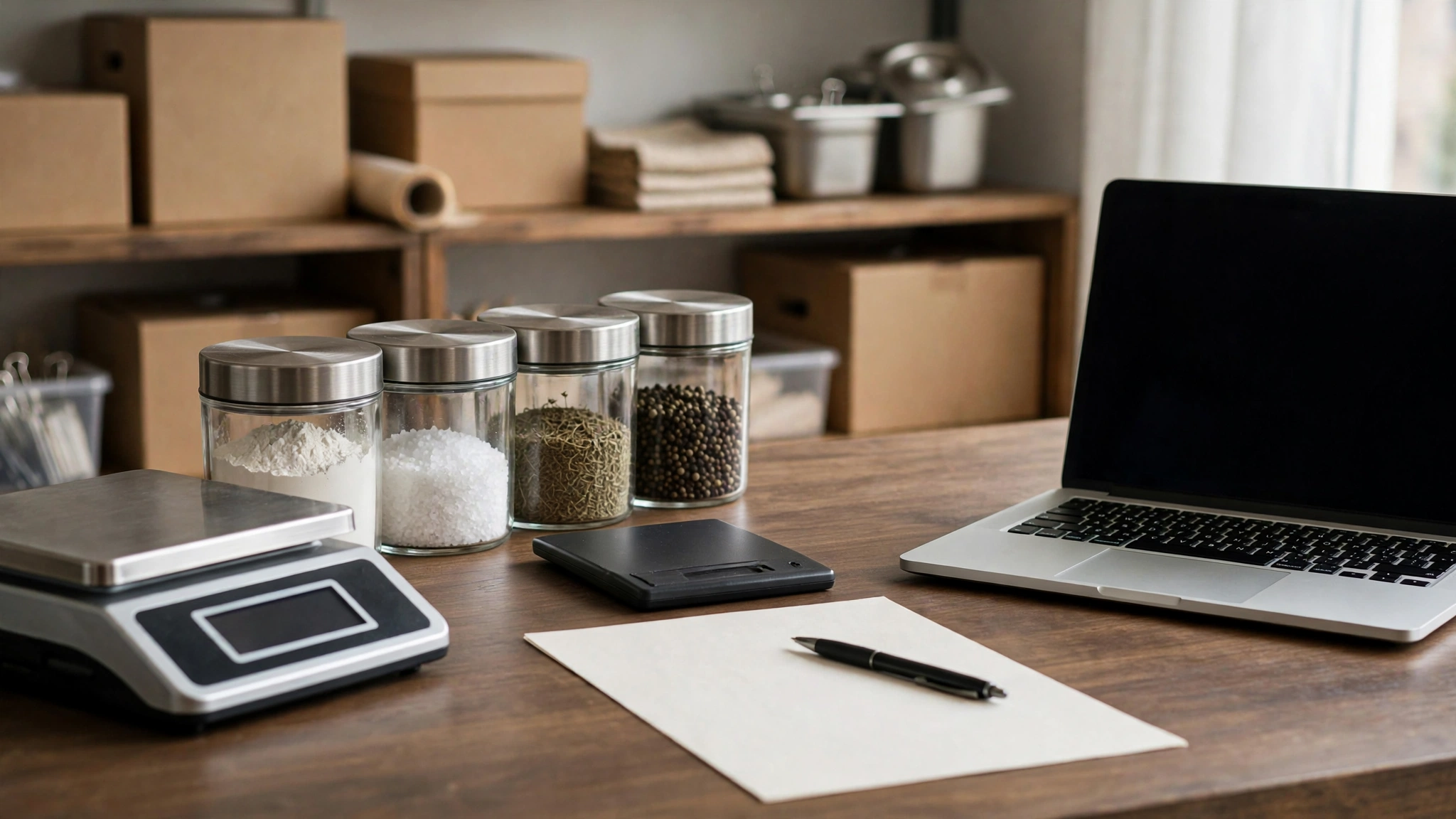Restaurant recipe costing workspace with ingredients scale calculator and costing sheet