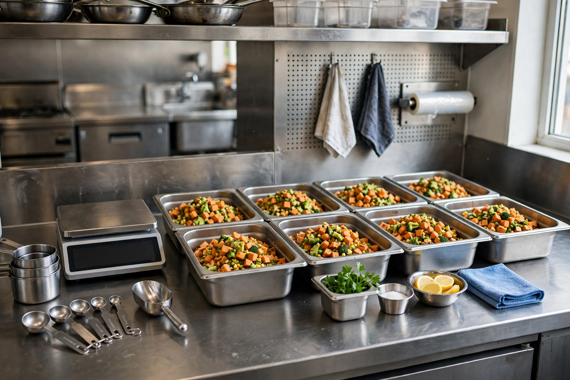 Restaurant recipe portion control setup with consistent portions and digital scale