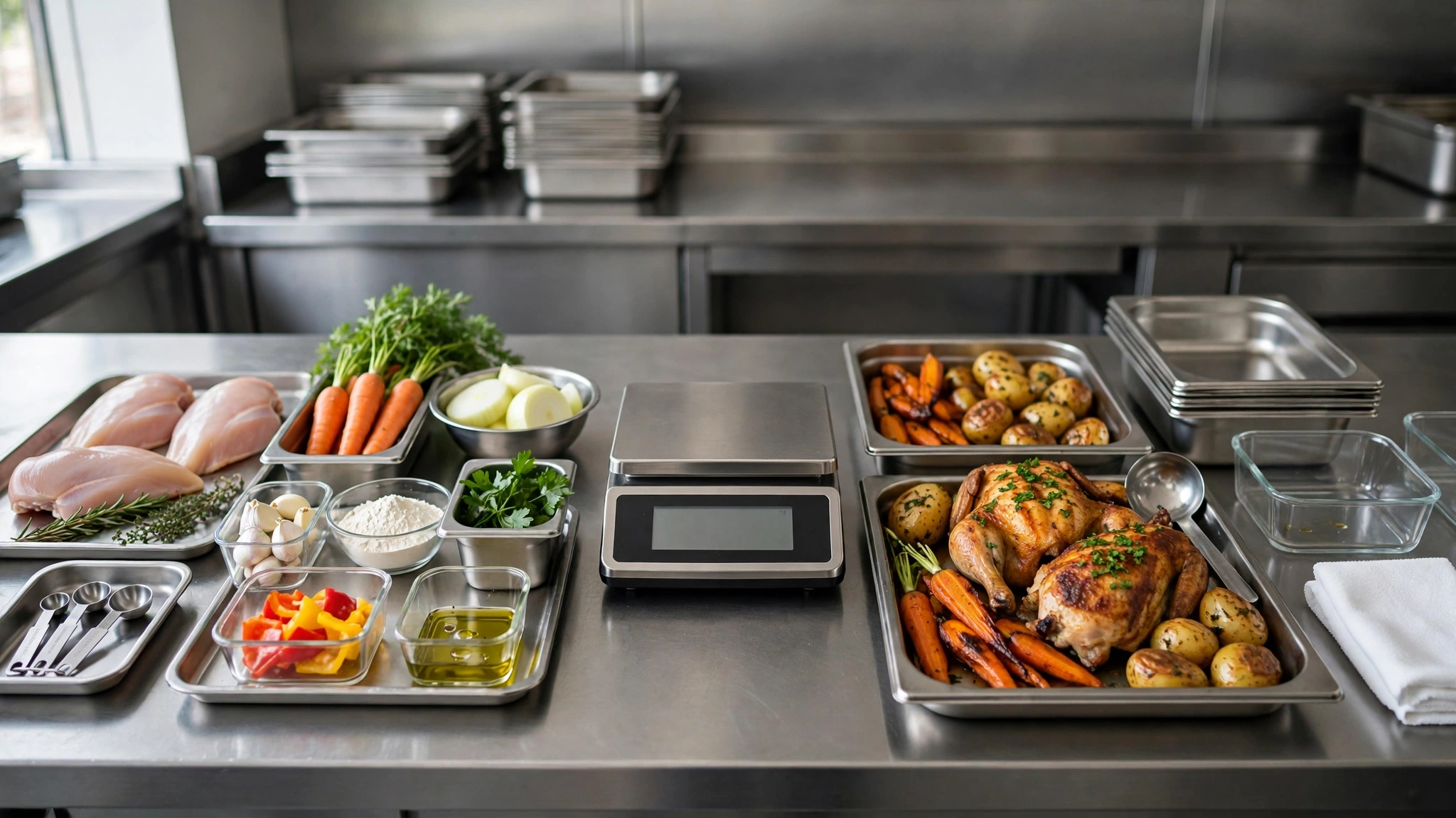 Restaurant recipe yield testing setup with raw and finished product, scale and measuring containers