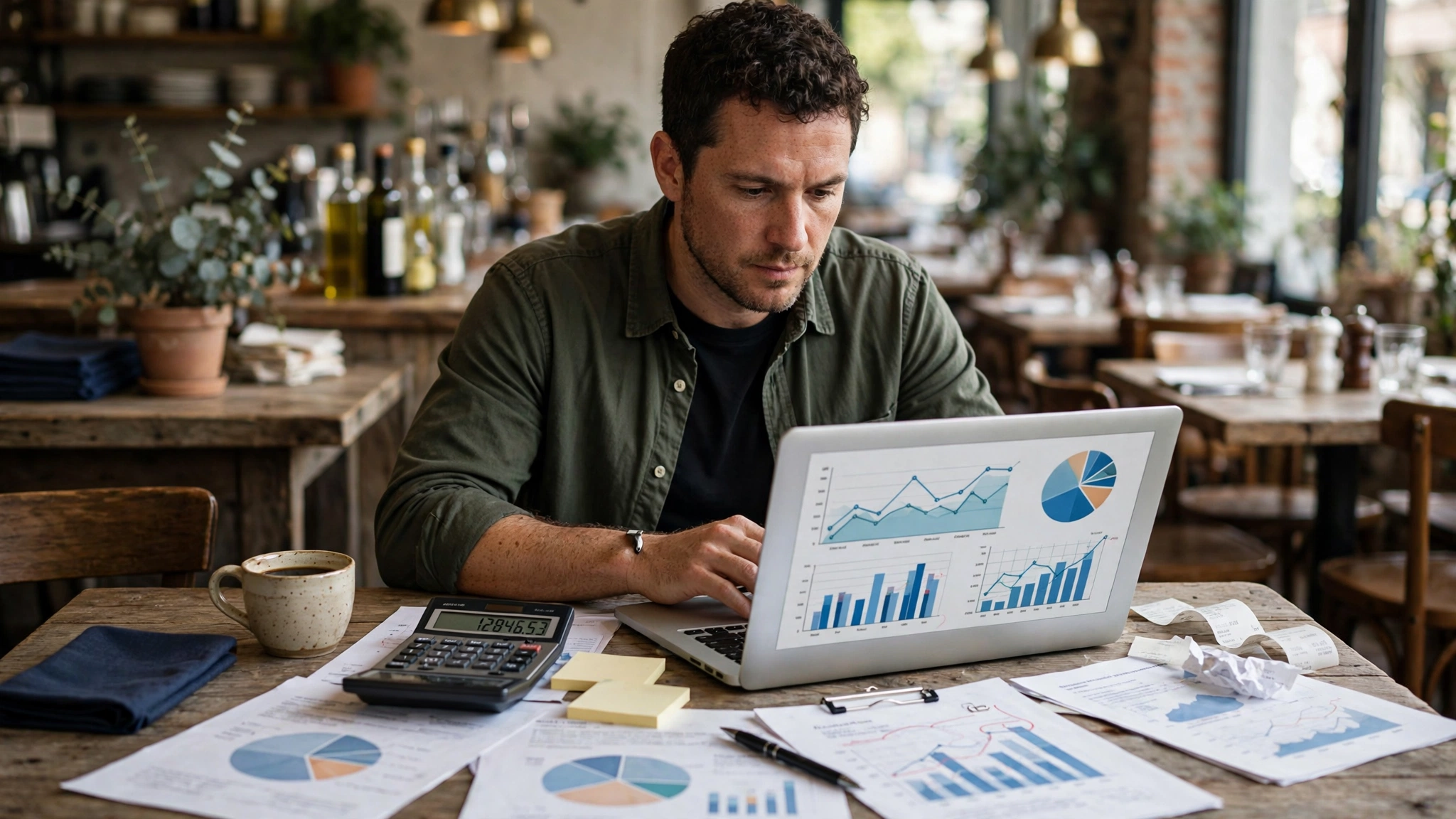 Restaurant owner reviewing a business plan and financial documents