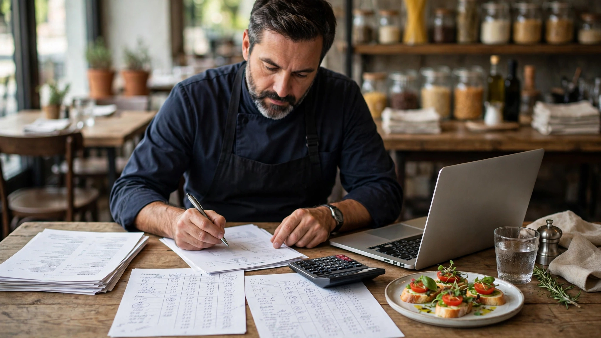Restaurant owner reviewing menu pricing and recipe costs