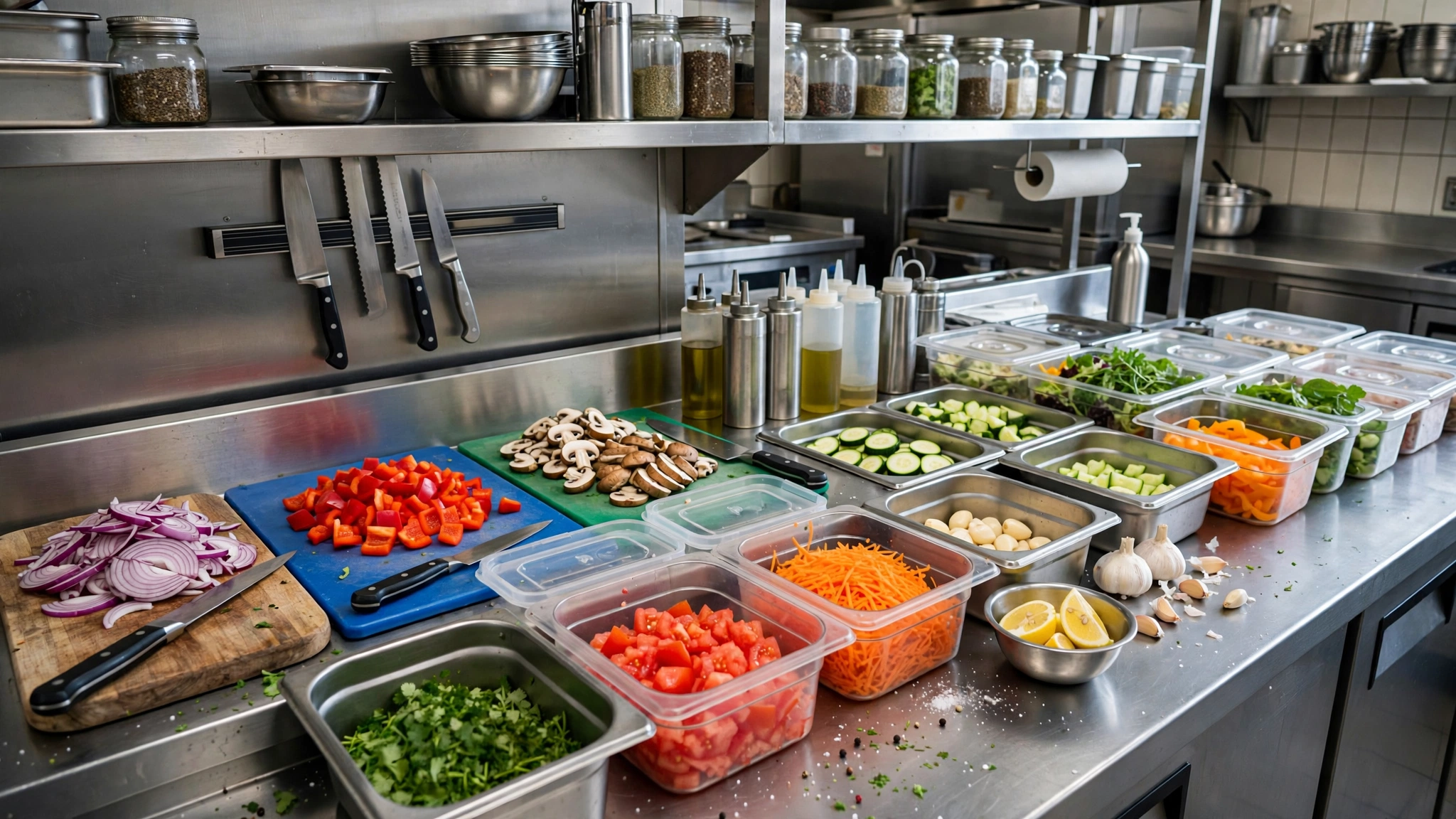 Organized restaurant prep station in a commercial kitchen