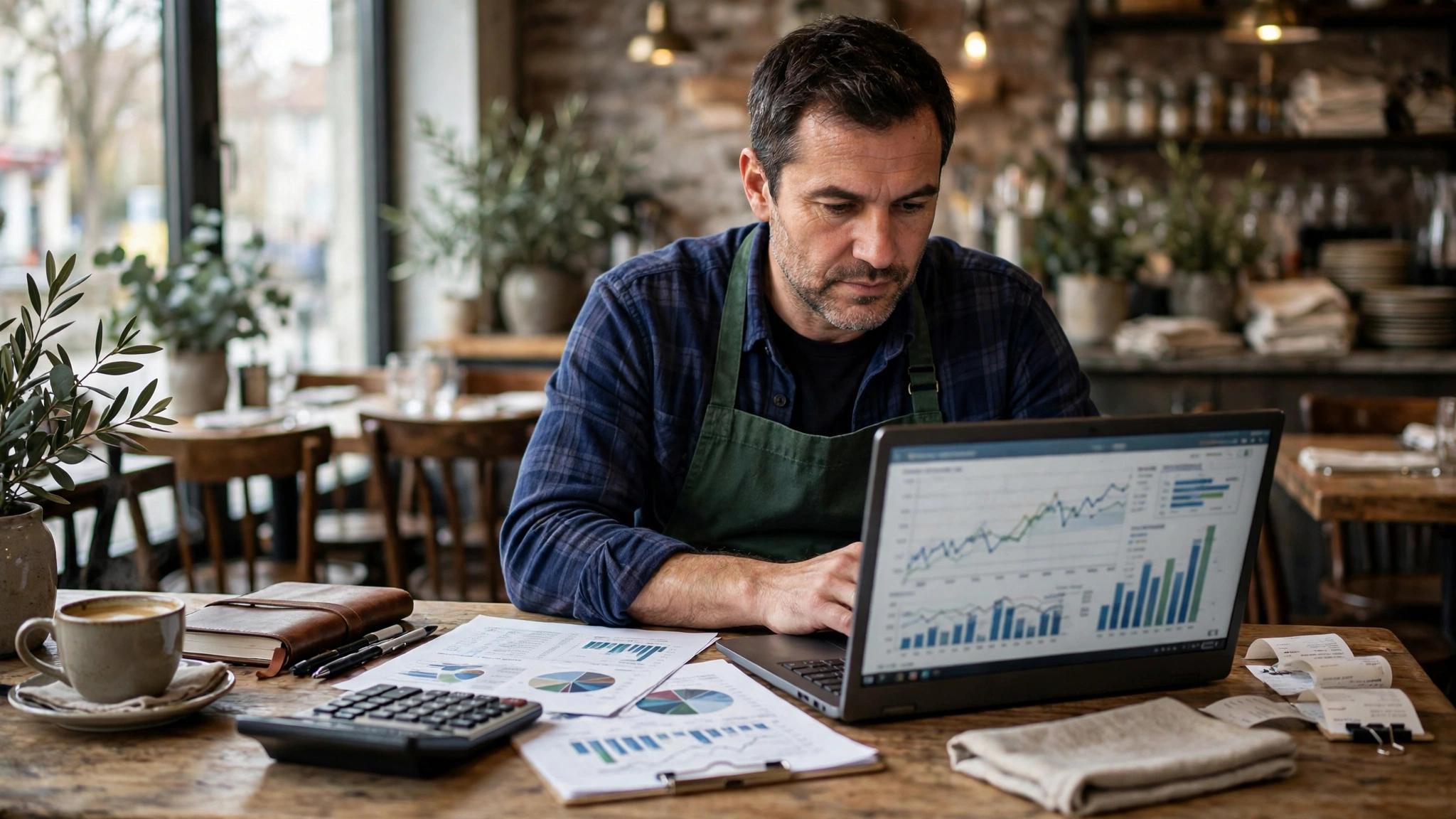 Restaurant owner reviewing profit margin and financial performance