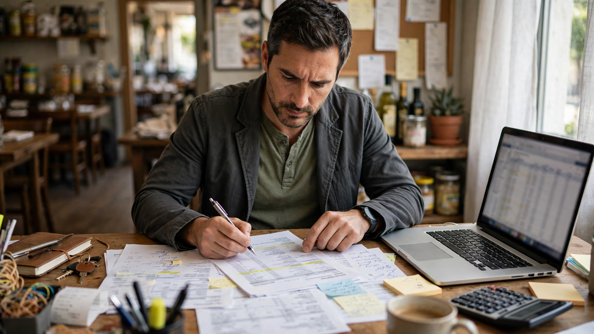 Restaurant manager reviewing a profit and loss statement