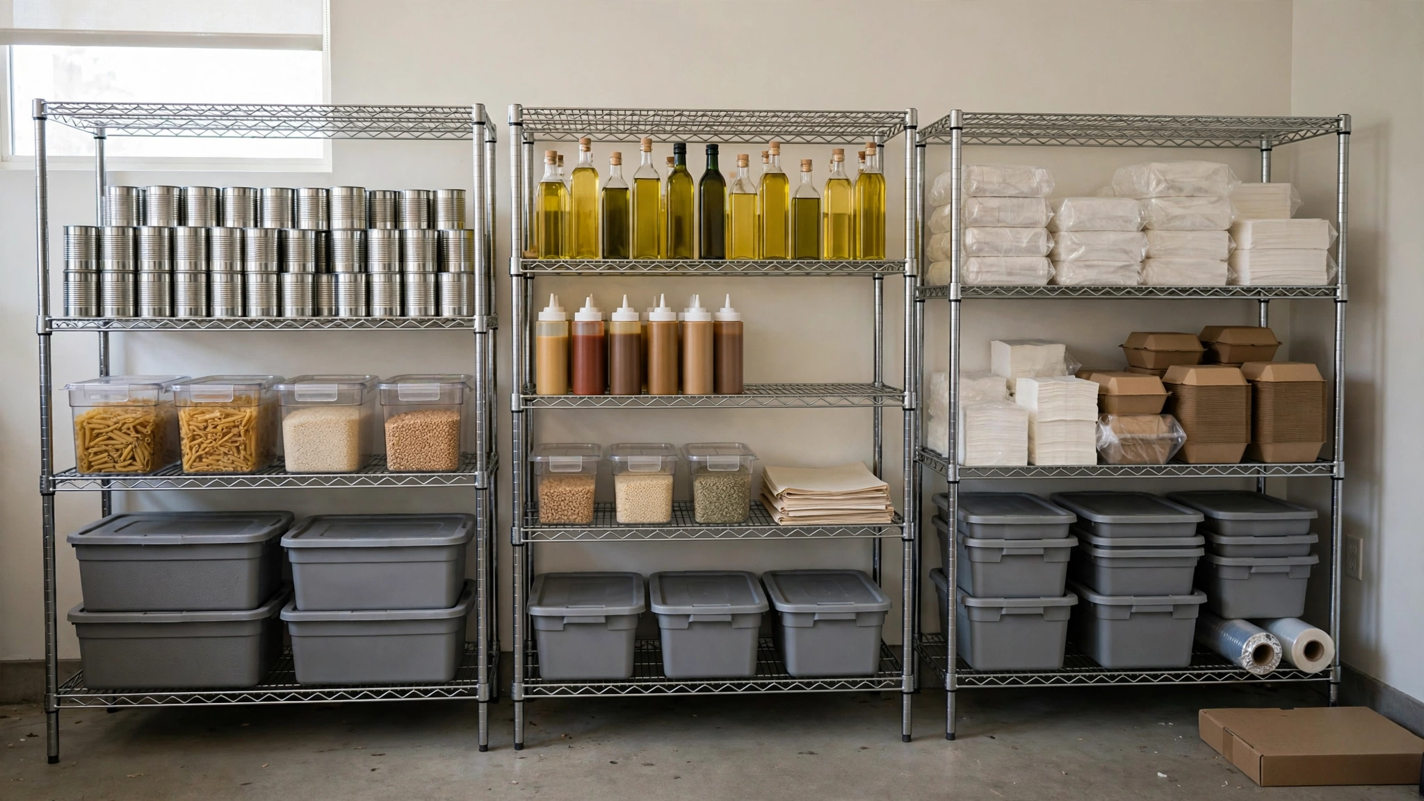 Organized restaurant inventory shelves arranged for storage control and faster stock counts