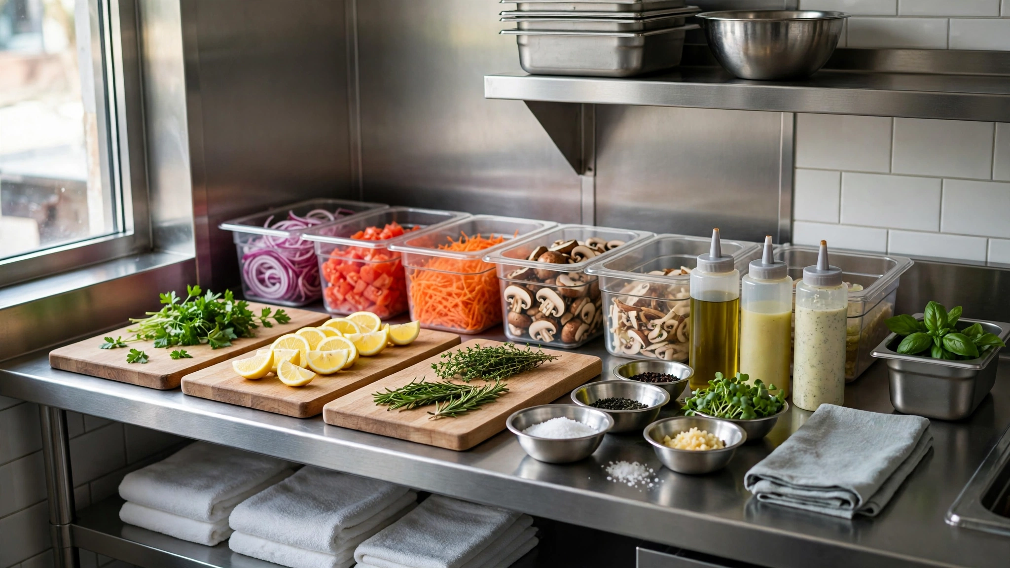 Restaurant prep station organized for capacity planning, batch work and pre-service production
