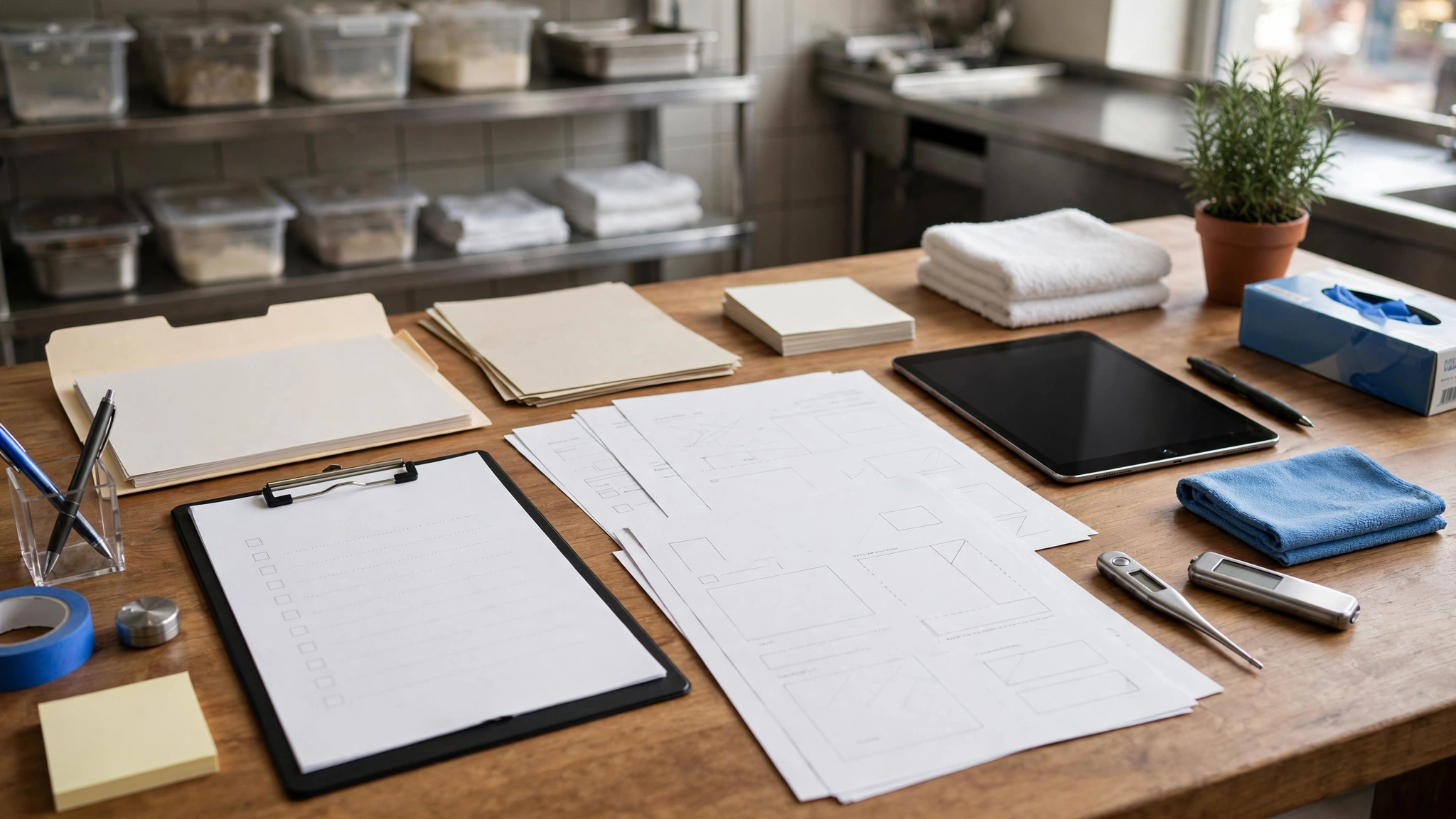 Restaurant staff training checklist and operational materials on a management table