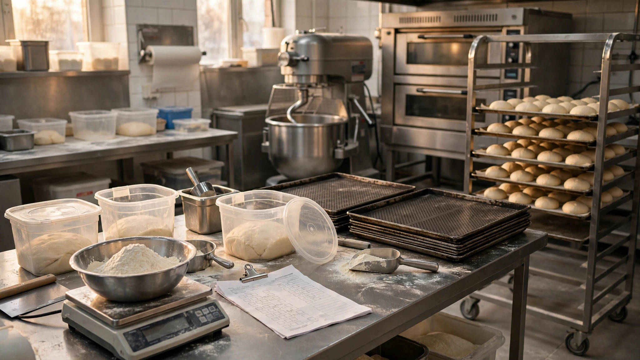 Commercial bakery prep table with flour on a digital scale, dough in clear bins, clipboard production sheet, mixer, deck oven and rack of proofed rolls
