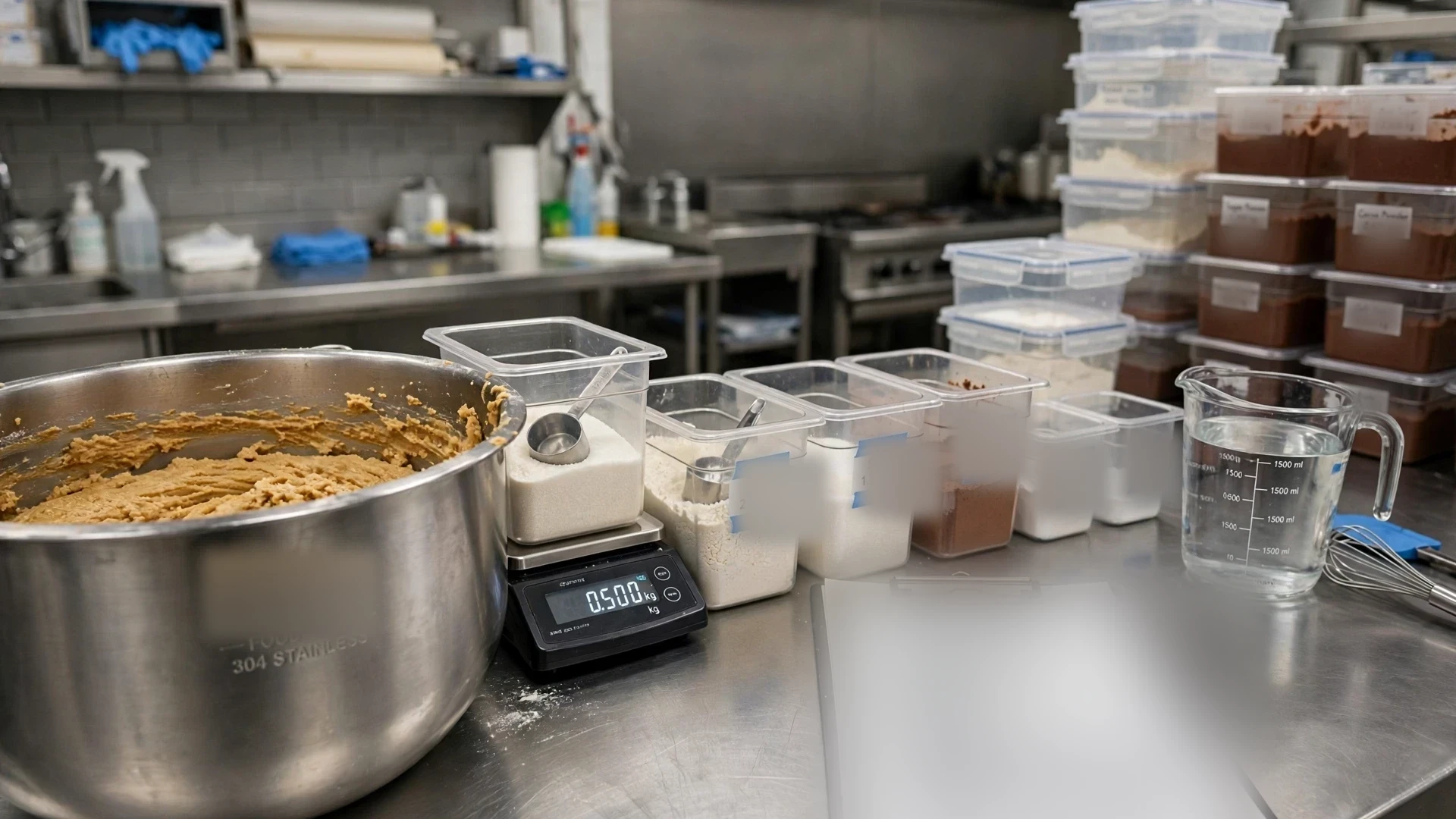 Commercial kitchen prep counter with stainless batter bowl, digital scale at 0.500 kg sugar, and staged ingredient bins for batch recipe production