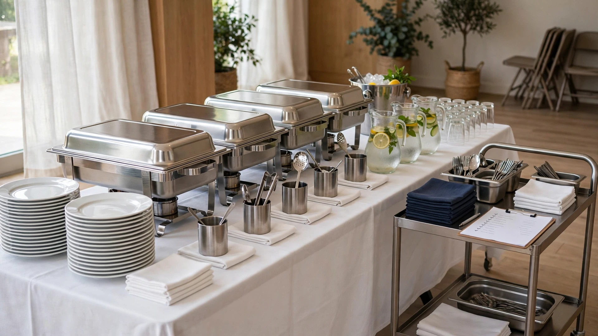 Catering buffet with covered chafing dishes, plate stacks, infused-water pitchers and a service cart ready for guests