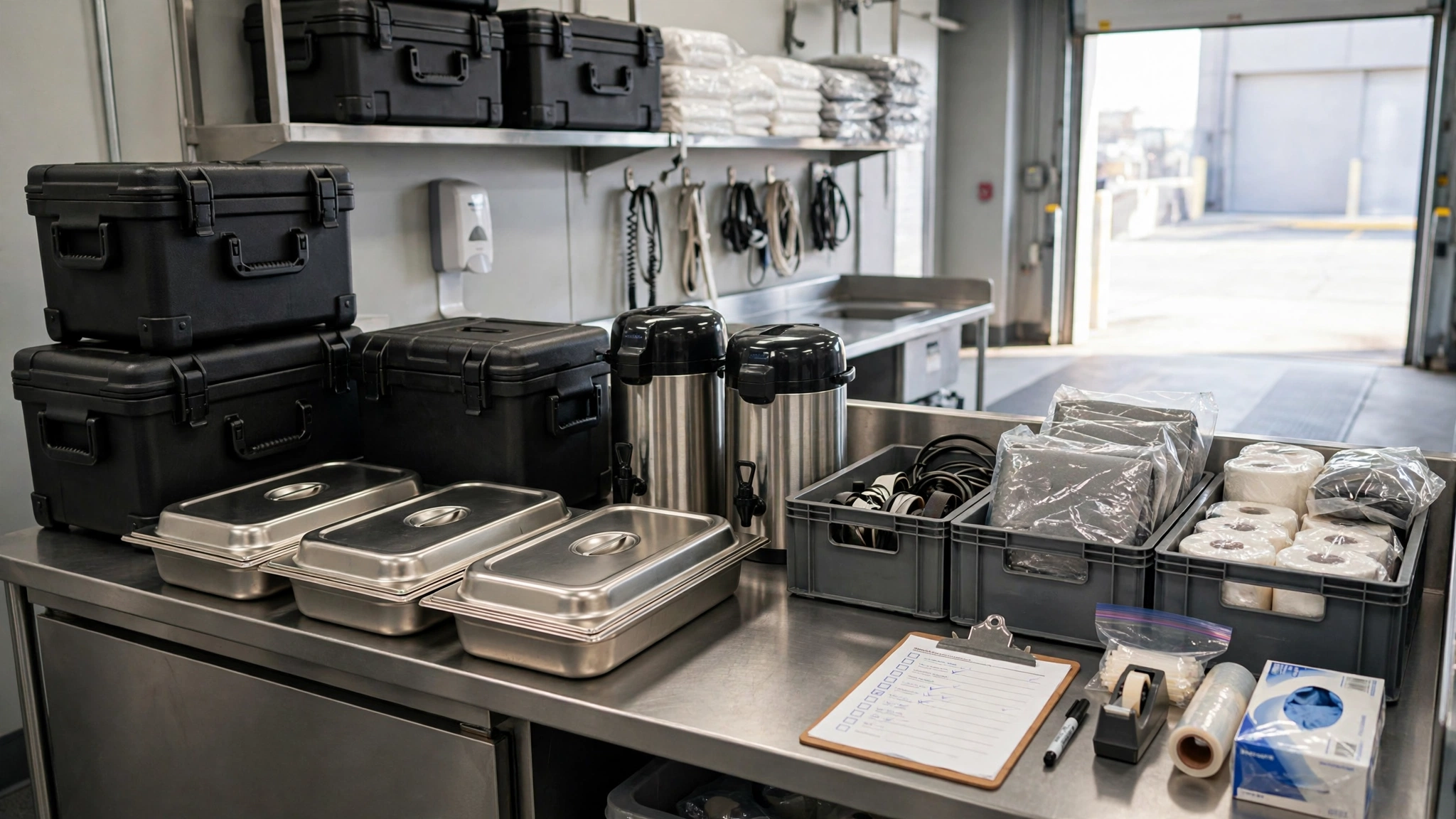 Labeled catering trays and equipment staged for final dispatch check before leaving the kitchen