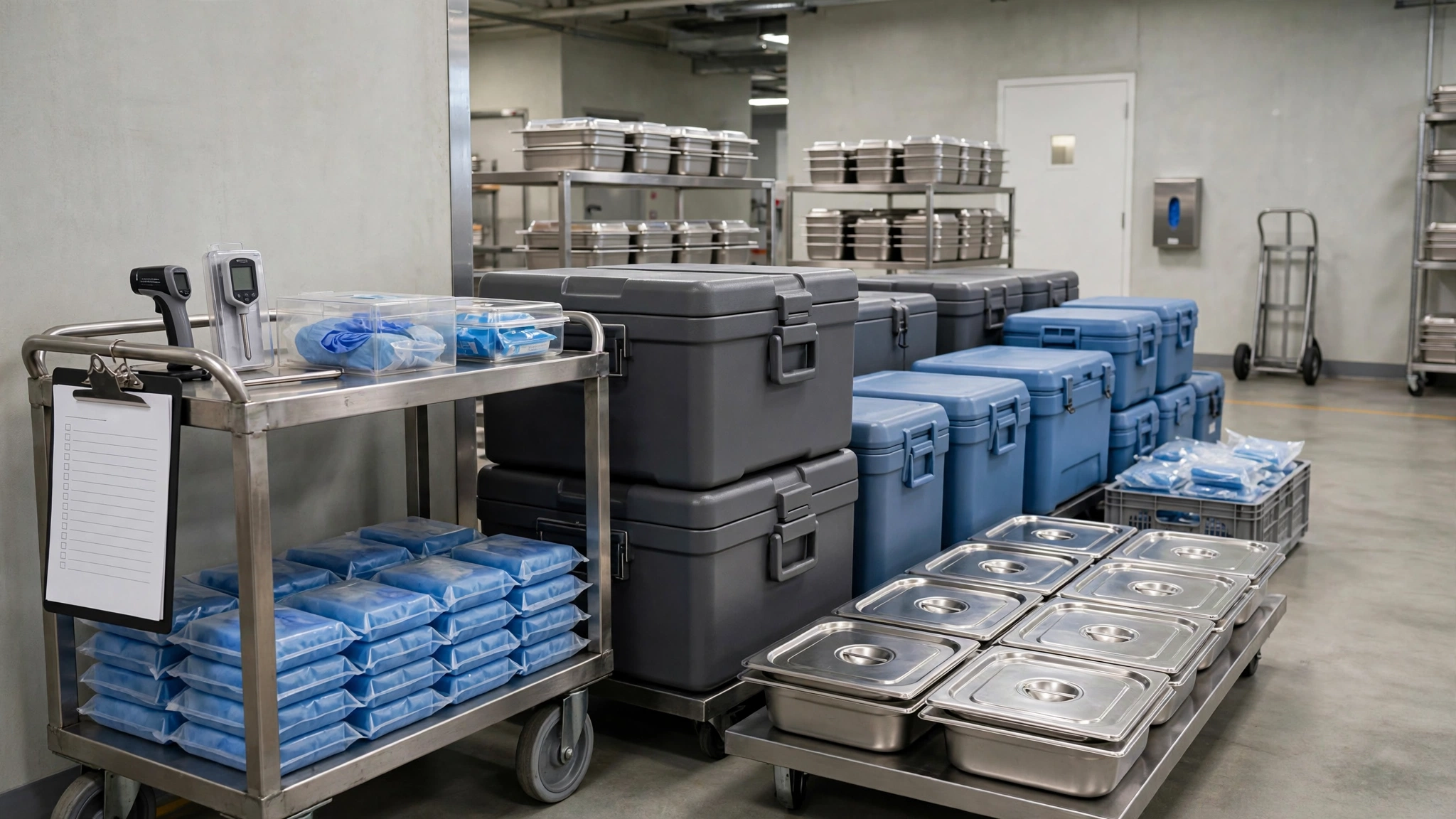 Insulated catering carriers and sealed hotel pans on dollies beside a prep cart with thermometer, checklist and gloves ready for event transport