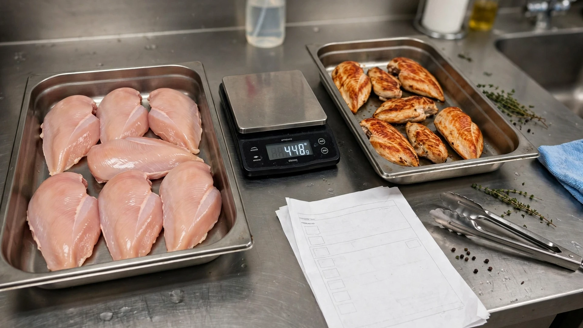 Stainless commercial kitchen counter with raw chicken breasts on a tray, cooked chicken breasts on another, digital scale reading 448g, tongs, thyme and a yield checklist