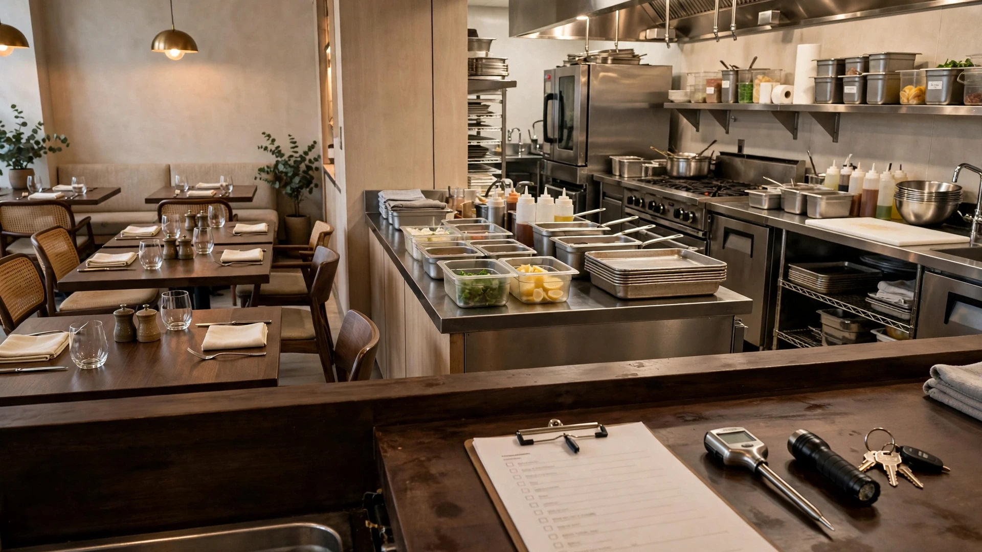 Restaurant manager walk-through setup with clipboard and inspection tools between dining room and kitchen