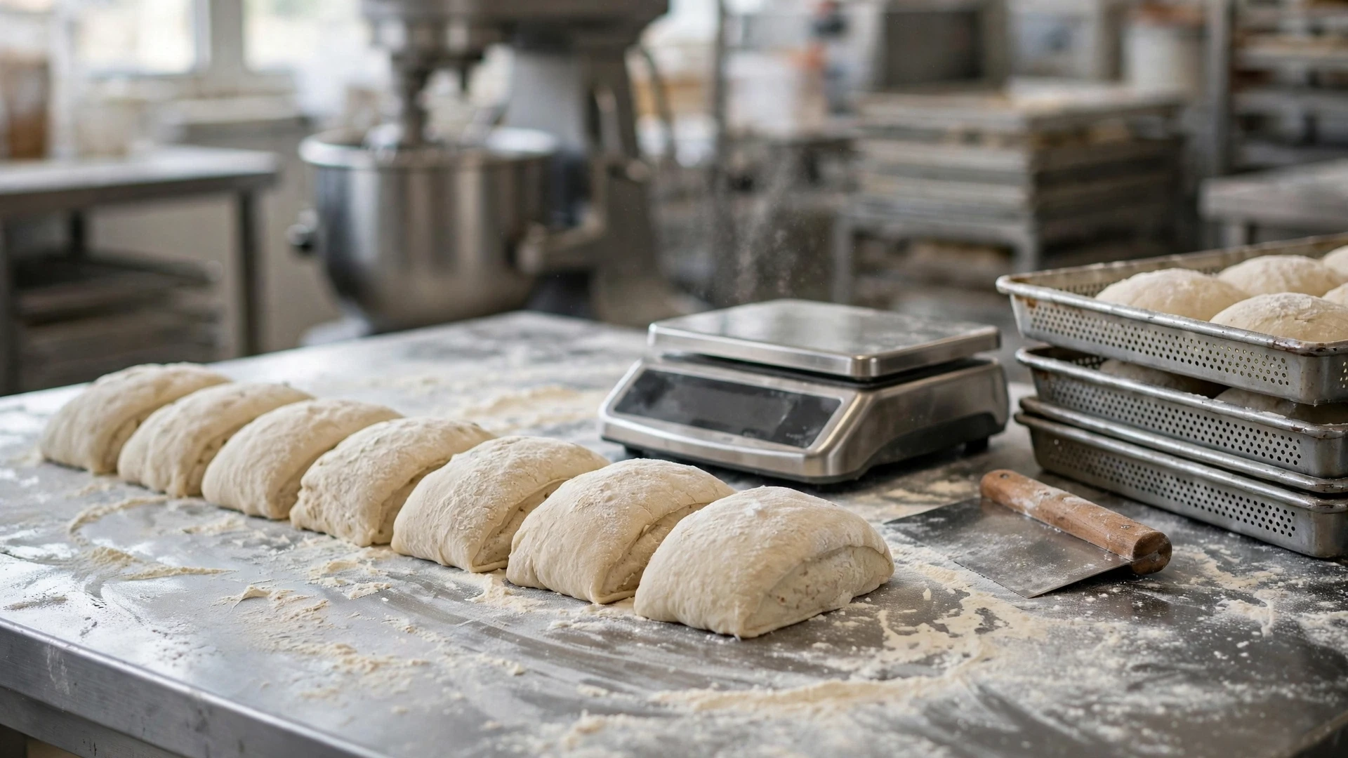 Commercial bakery workstation with digital scale, bench scraper, portioned dough pieces, and proofing trays for dough scaling control