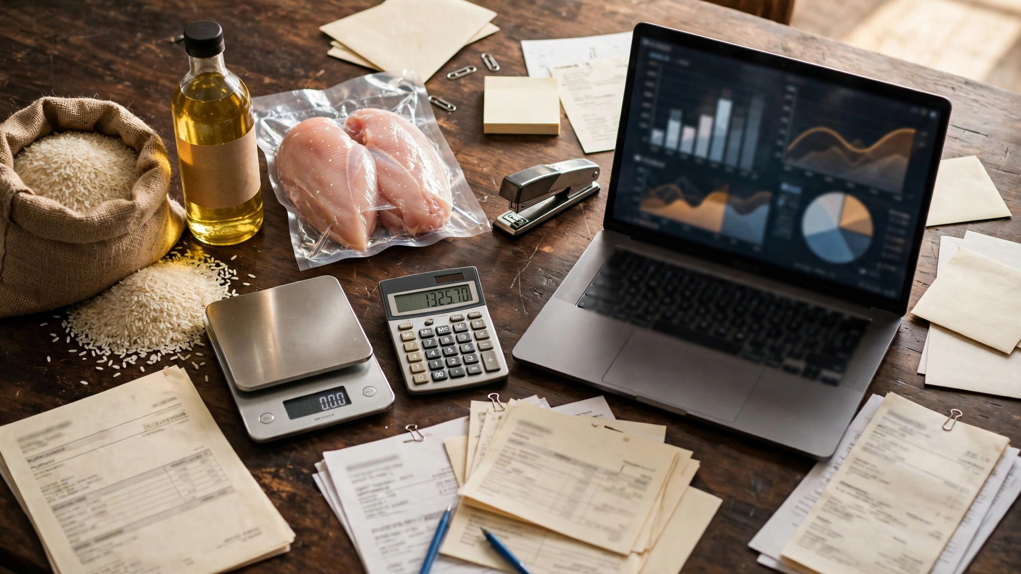 Restaurant food cost analysis desk with supplier invoices, a calculator, kitchen scale, chicken and rice, and a laptop showing cost charts