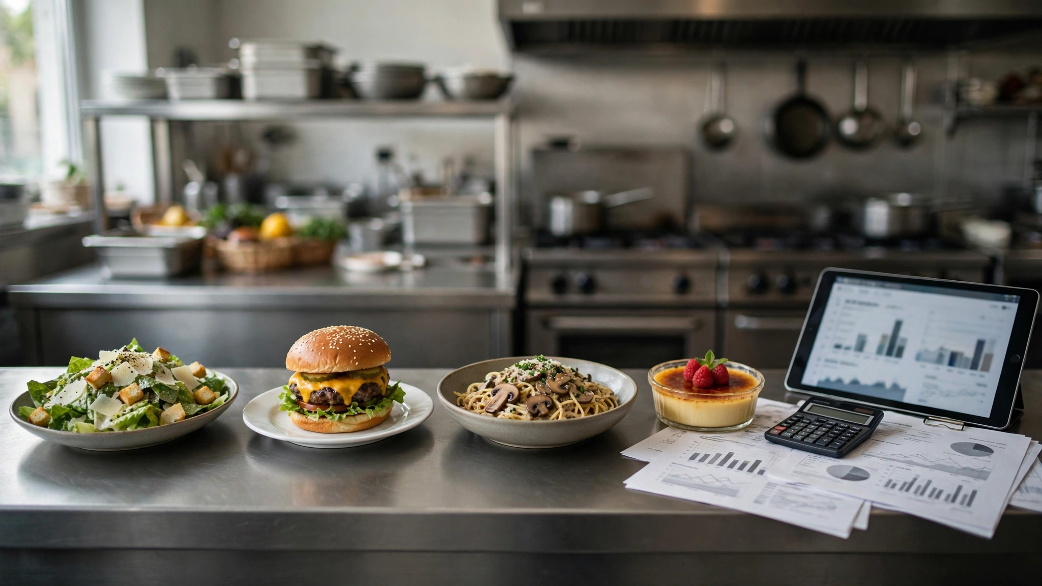 Prepared restaurant dishes beside contribution charts, calculator and tablet dashboard for high-profit menu mix analysis