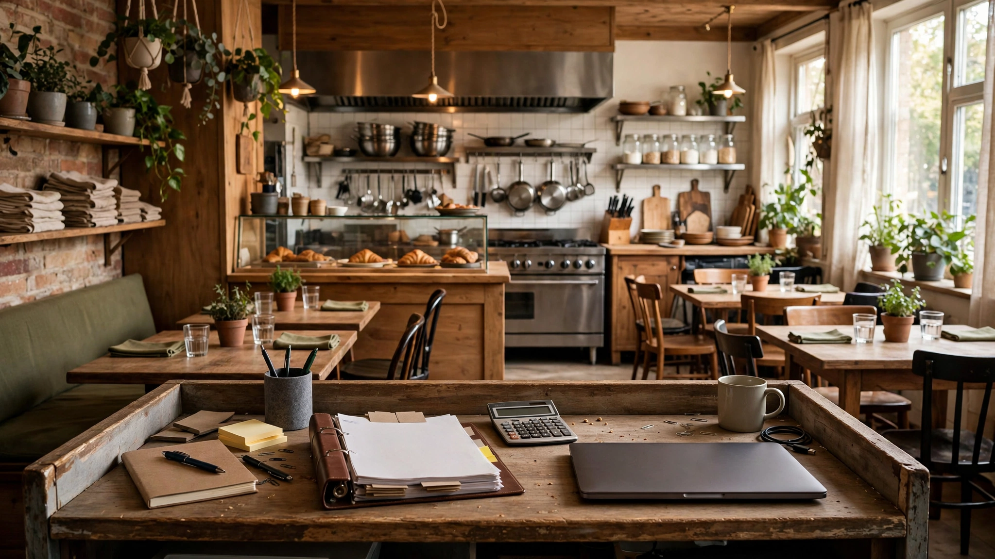 Independent restaurant owner reviewing weekly numbers at a desk overlooking the dining room and kitchen