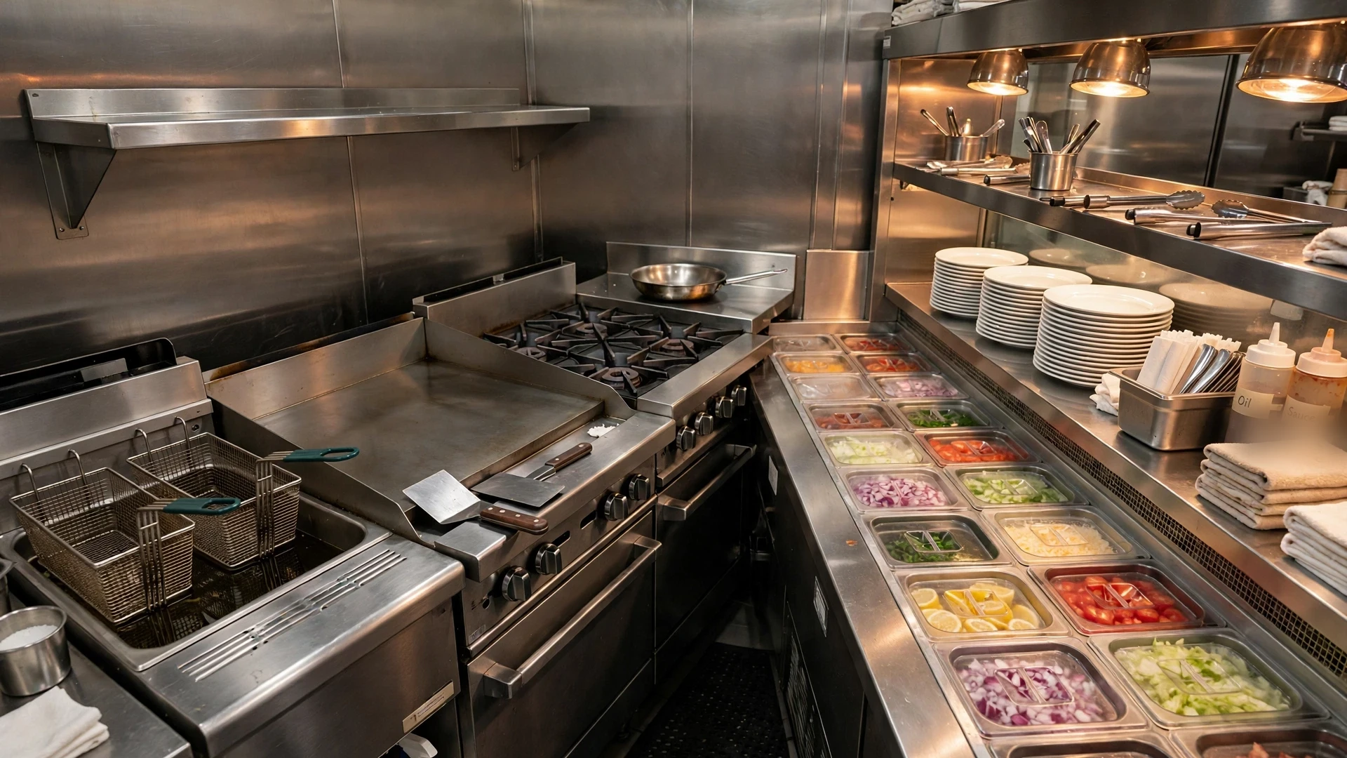 Commercial kitchen line set for service with fryers, griddle, burners, a stocked cold rail of prepped ingredients and plates staged at the pass