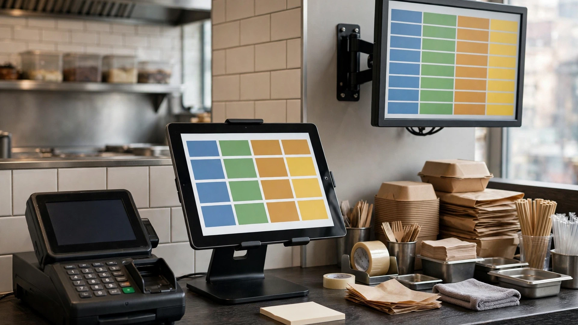 Restaurant POS tablet and kitchen display screens on a counter beside takeout containers in a commercial kitchen