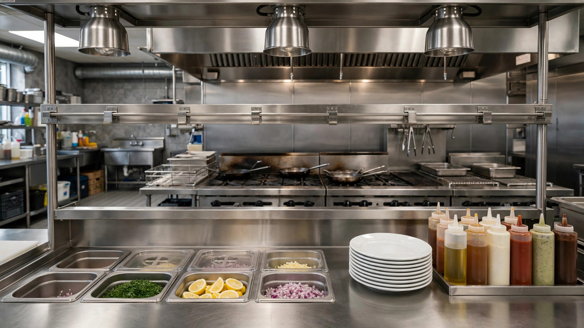 Restaurant pre-service expo station prepared for ticket flow, plate checks and handoff to service staff