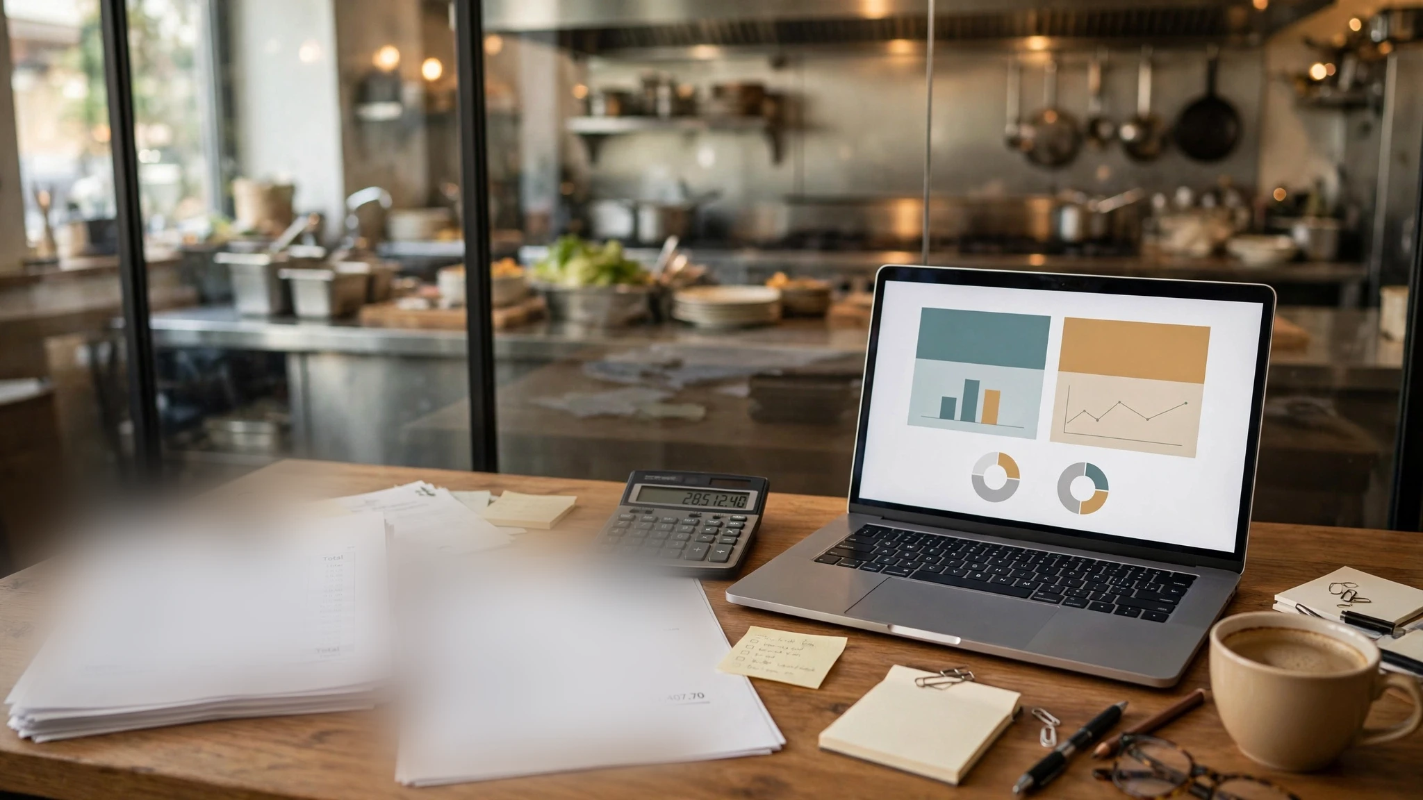 Prime cost review desk with a laptop showing cost charts, a calculator, reports and notes in front of a commercial restaurant kitchen