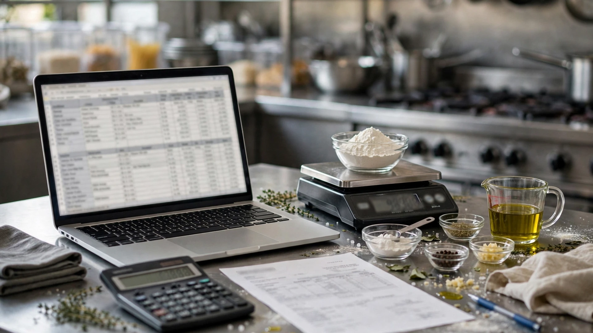 Restaurant recipe costing spreadsheet with ingredient costs, yields, portions and recipe formulas