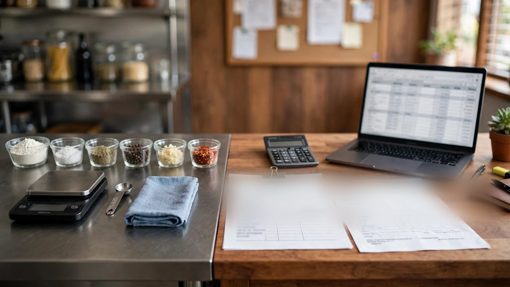 Recipe costing workspace with a kitchen scale, measured ingredients, calculator and a laptop costing spreadsheet for sub-recipes