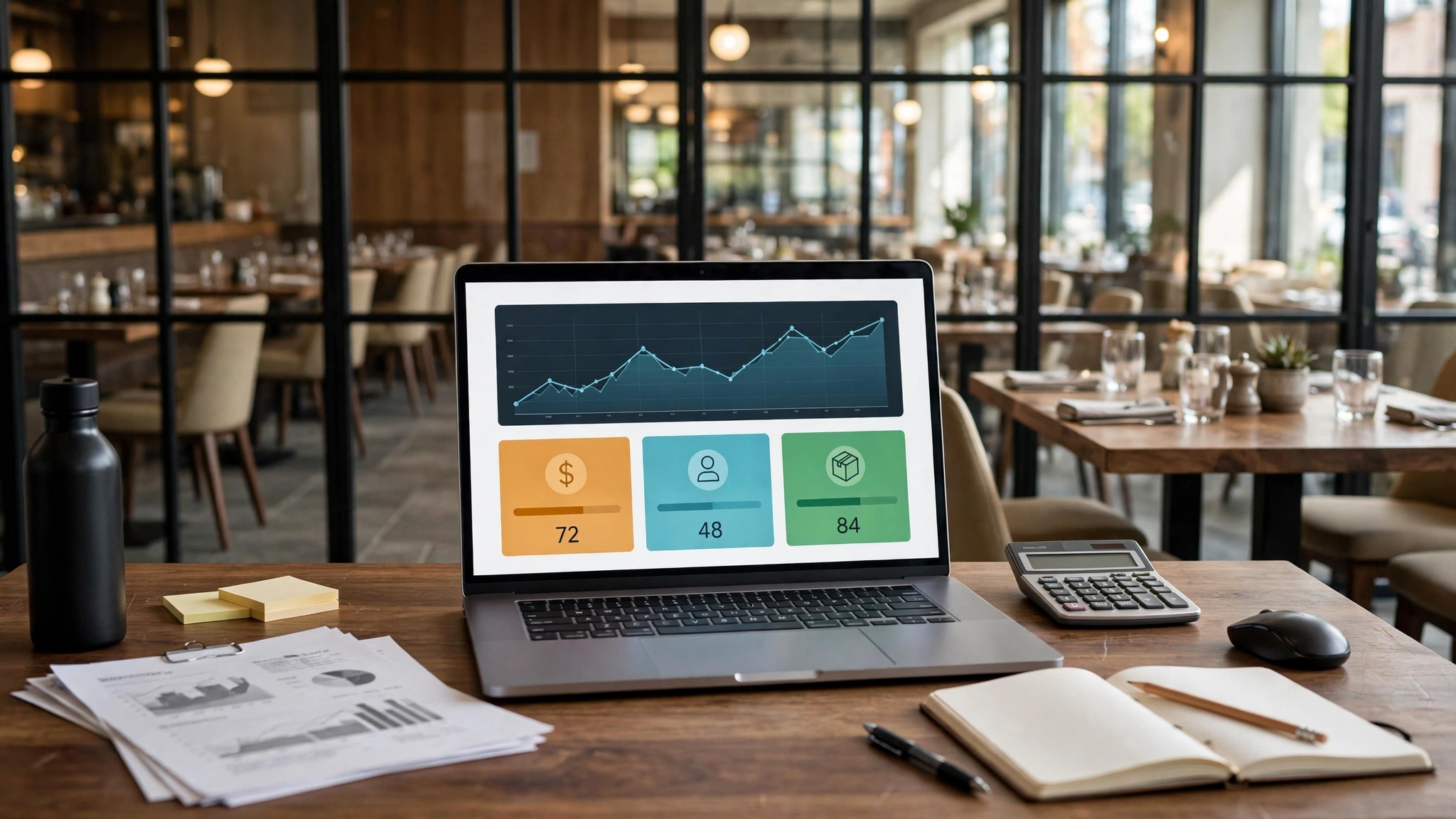 Laptop on a wooden table showing a restaurant analytics dashboard with a line chart and KPI tiles for sales, labor, and inventory in a dining room