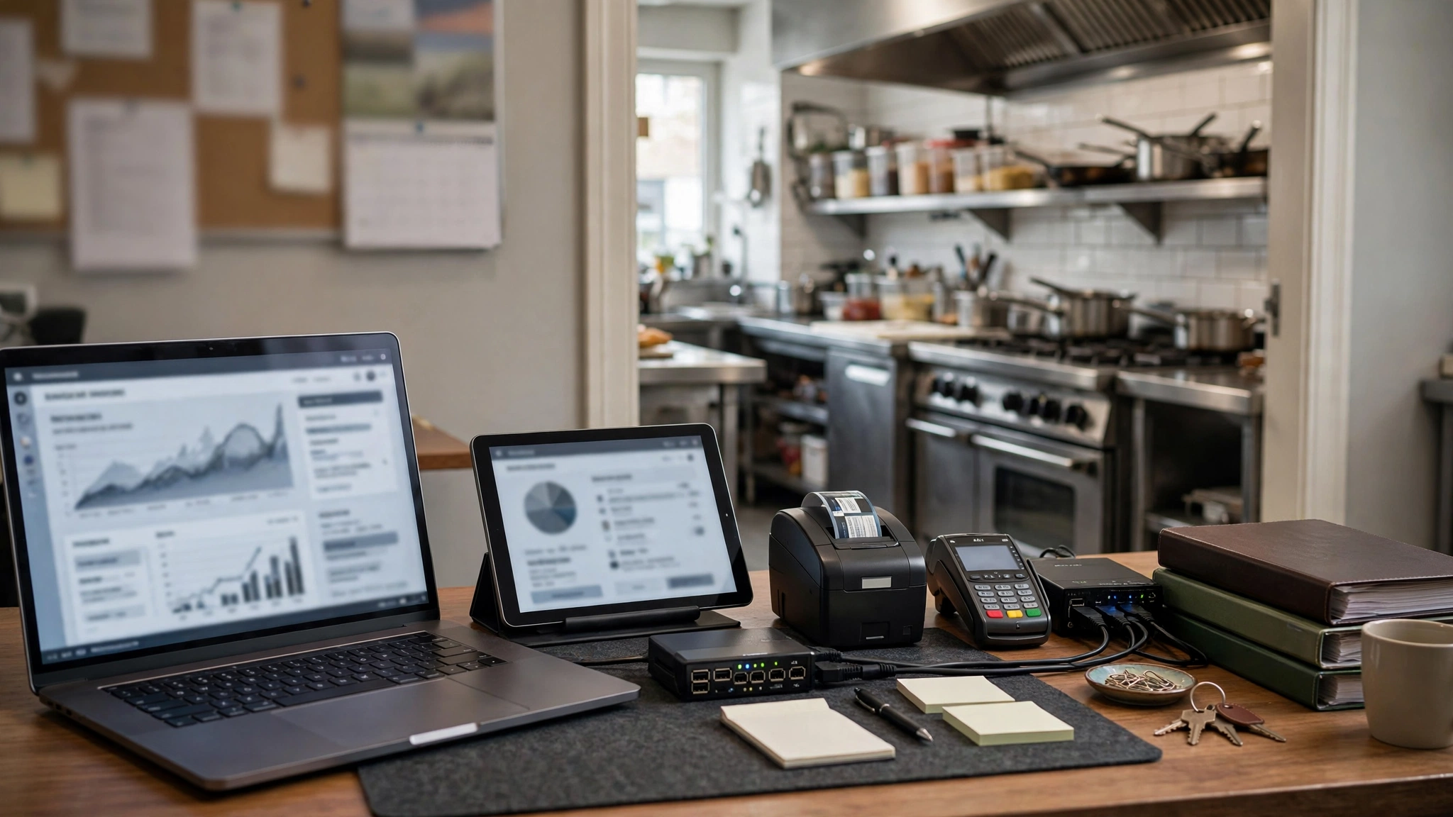 Laptop and tablet showing dashboards on a restaurant office desk with label printer and payment terminal, commercial kitchen visible through the doorway
