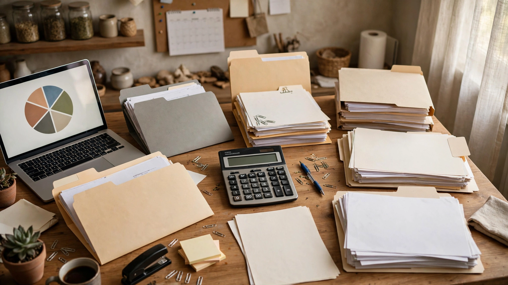Restaurant office desk with cost paperwork, laptop pie chart, calculator and coffee for fixed and variable cost analysis