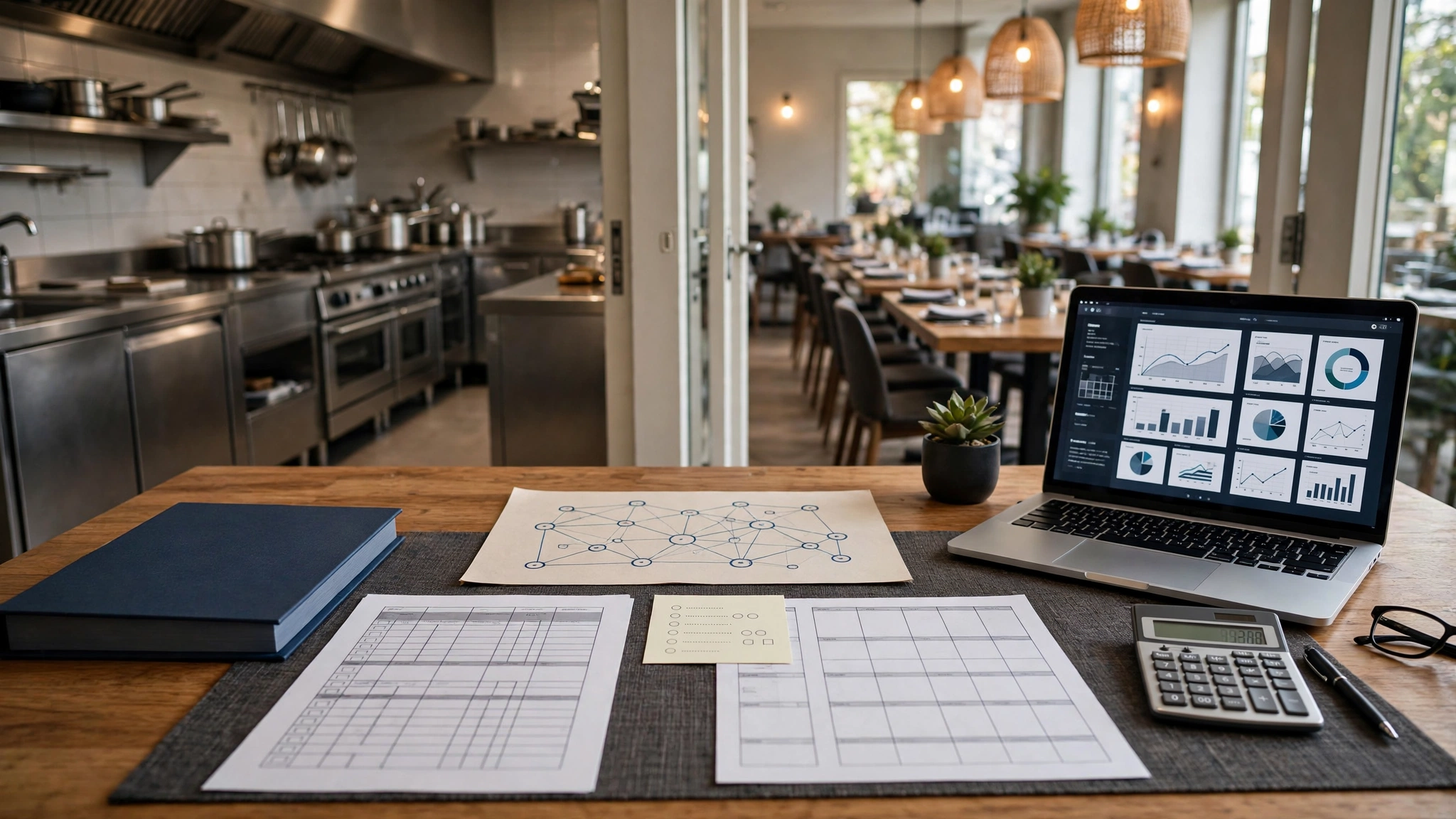 Wooden restaurant manager desk with laptop dashboards, calculator, glasses and operations papers overlooking a commercial kitchen and dining room