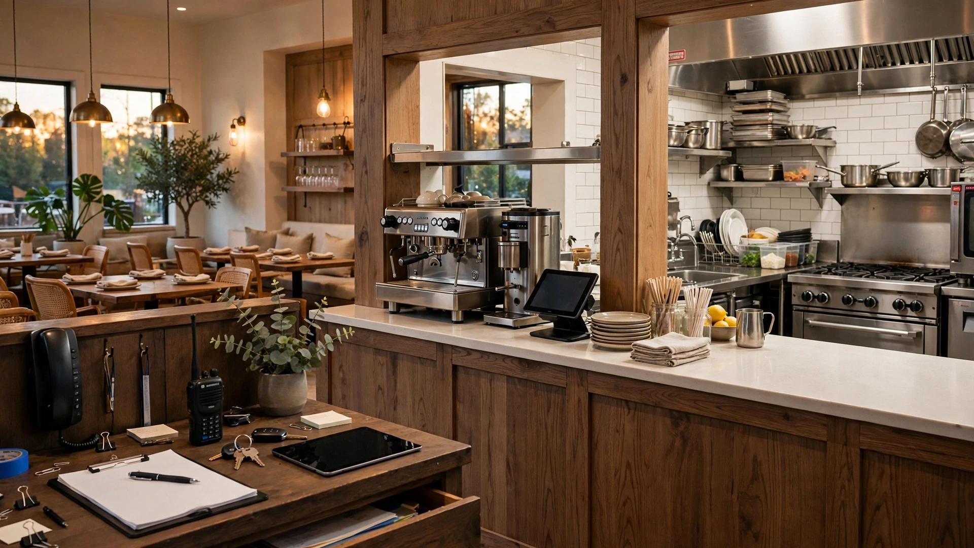 Restaurant operations scene with a manager desk, clipboard, radio and keys facing an espresso counter, POS tablet, open kitchen and dining room