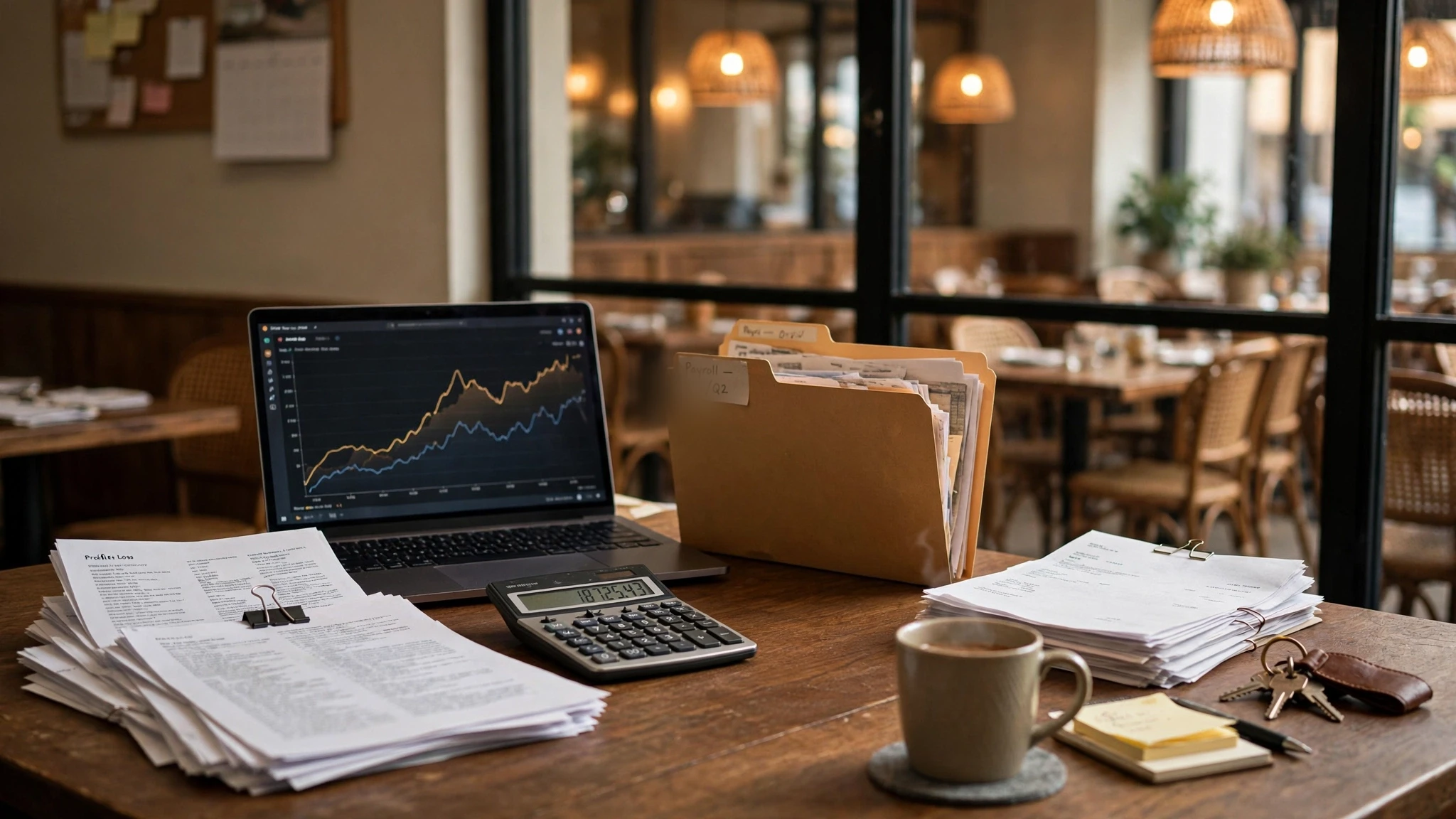 Restaurant manager desk with Profit & Loss papers, laptop charts, calculator and coffee for a monthly P&L review