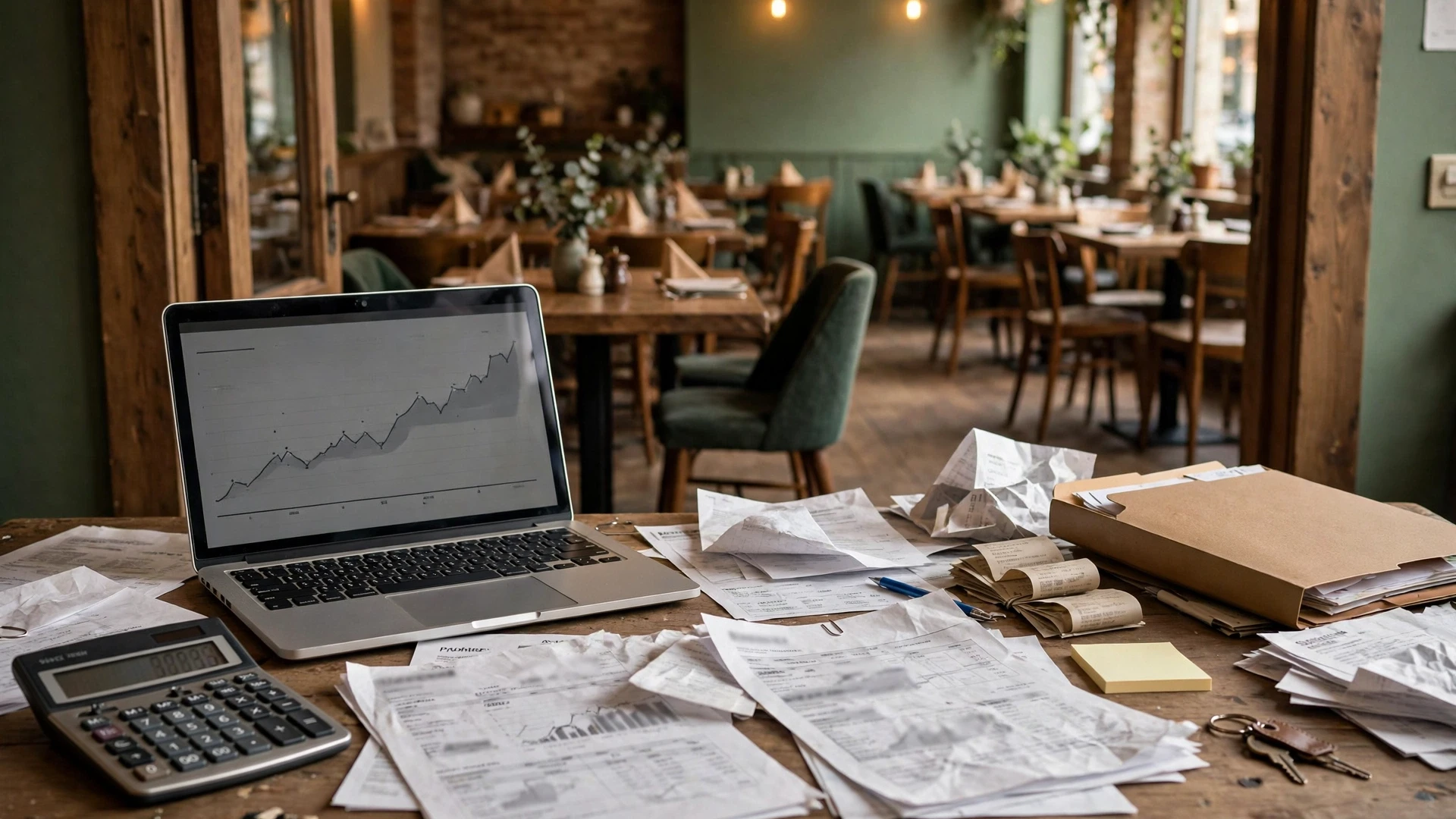 Calculator, laptop with profit trend chart, and clipped receipts on a wooden table inside a quiet restaurant dining room
