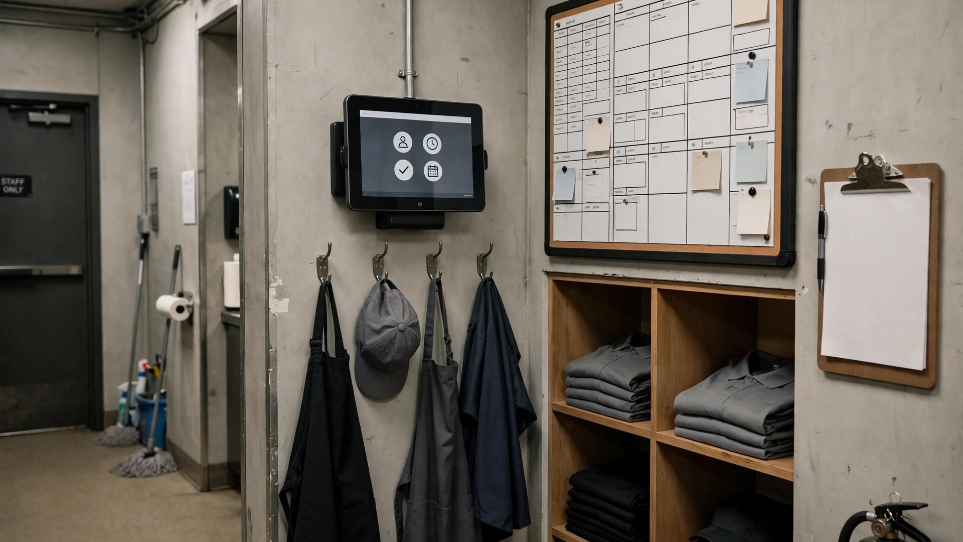 Wall-mounted tablet time clock above staff aprons and caps beside a schedule whiteboard in a restaurant back-of-house area