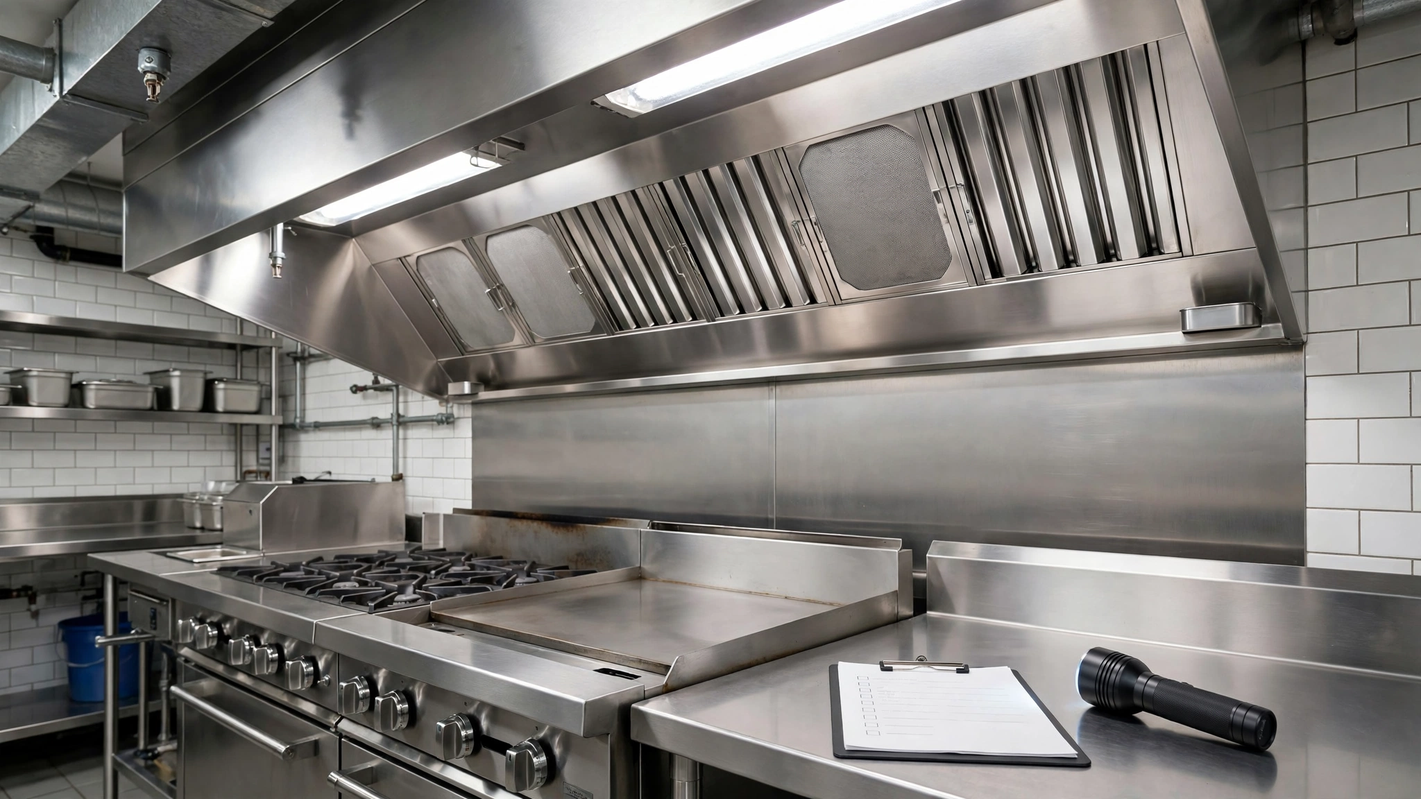 Commercial kitchen exhaust hood and ventilation system above a restaurant cooking line