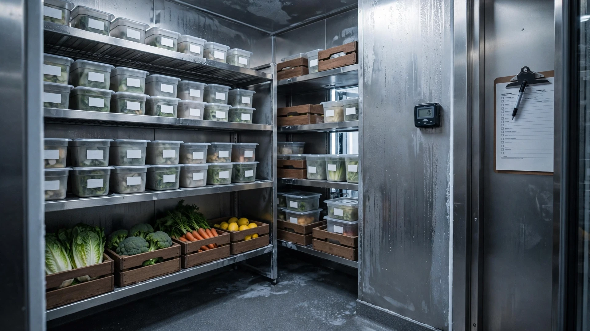 Restaurant walk-in cooler with organized shelving, labeled containers, and clear aisle space for a manager inspection route